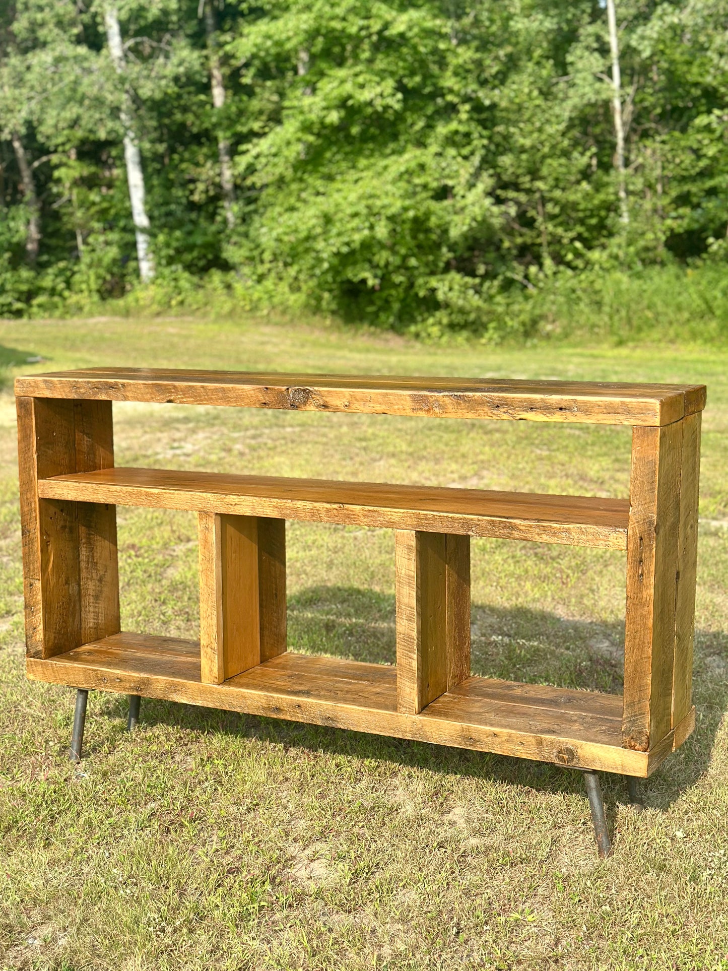 5’ L Rustic Reclaimed Wood Console / Media Table on Pin Legs