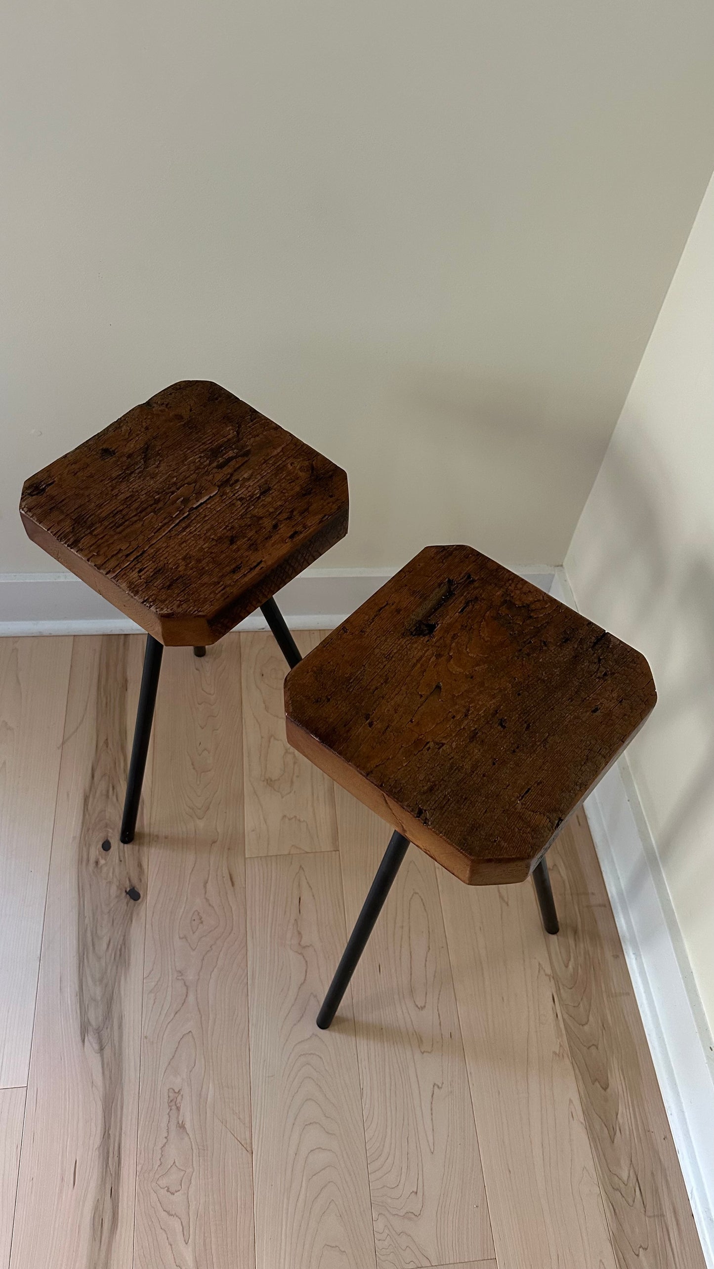 Rustic Wood and Steel Tripod Side Table / Plant Stand