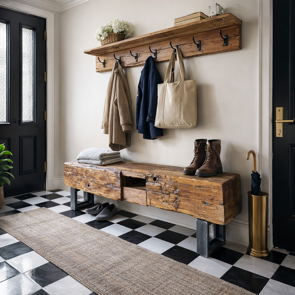 5' L Rustic Barn Wood Beam Bench - Steel Legs