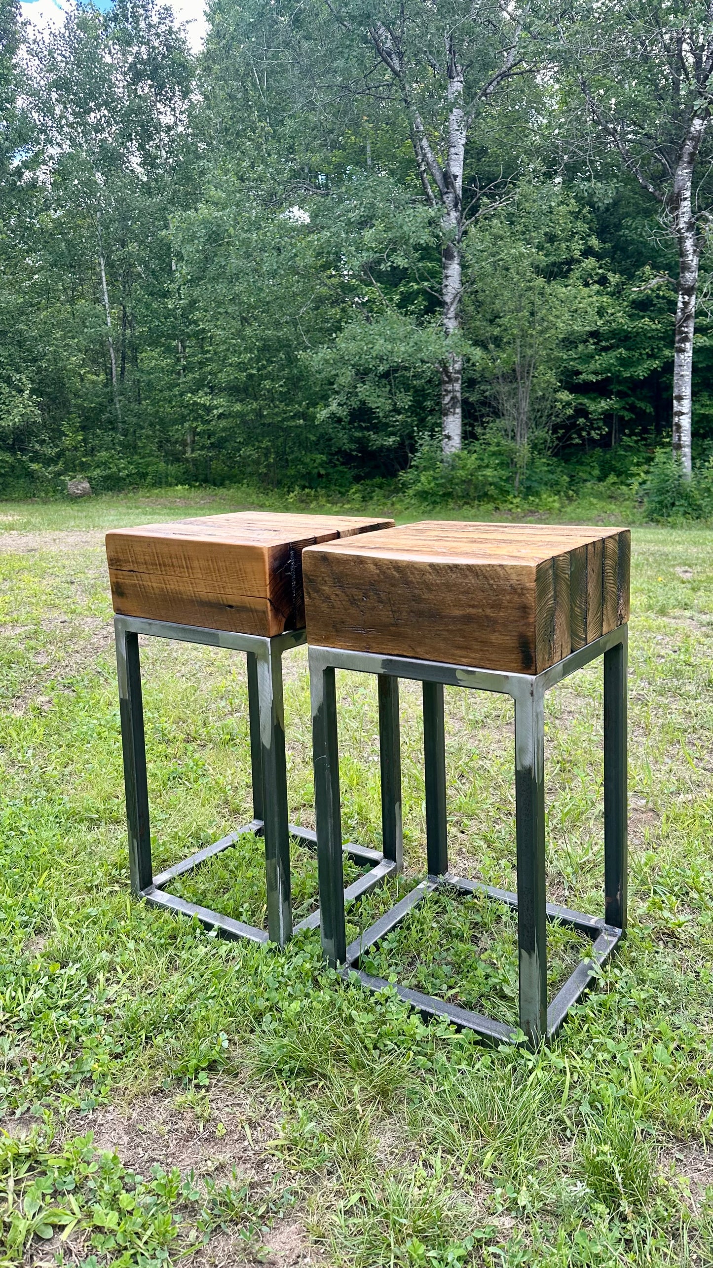 2 x Rustic Wood + Steel Tables