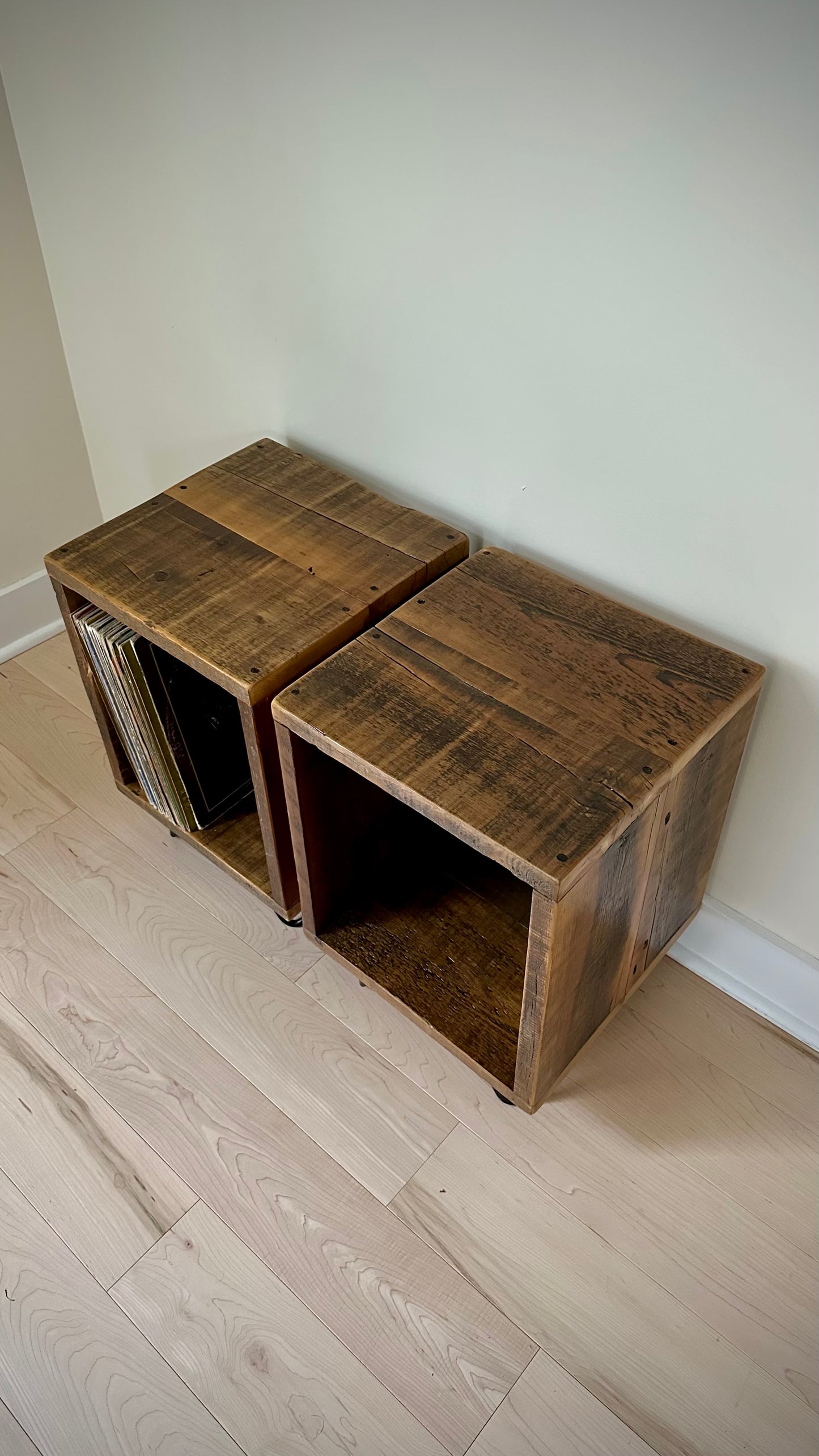 Set of 2 Rustic Wood Side Table / Night Stand / Vinyl Holder