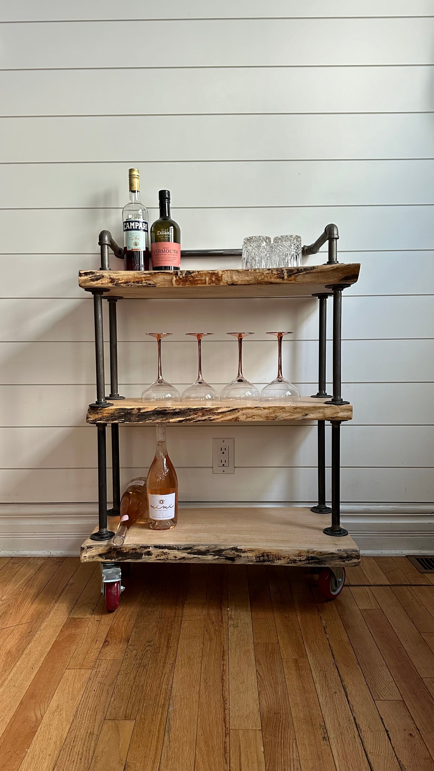 28” L Rustic Live Edge Wood + Steel Bar Cart