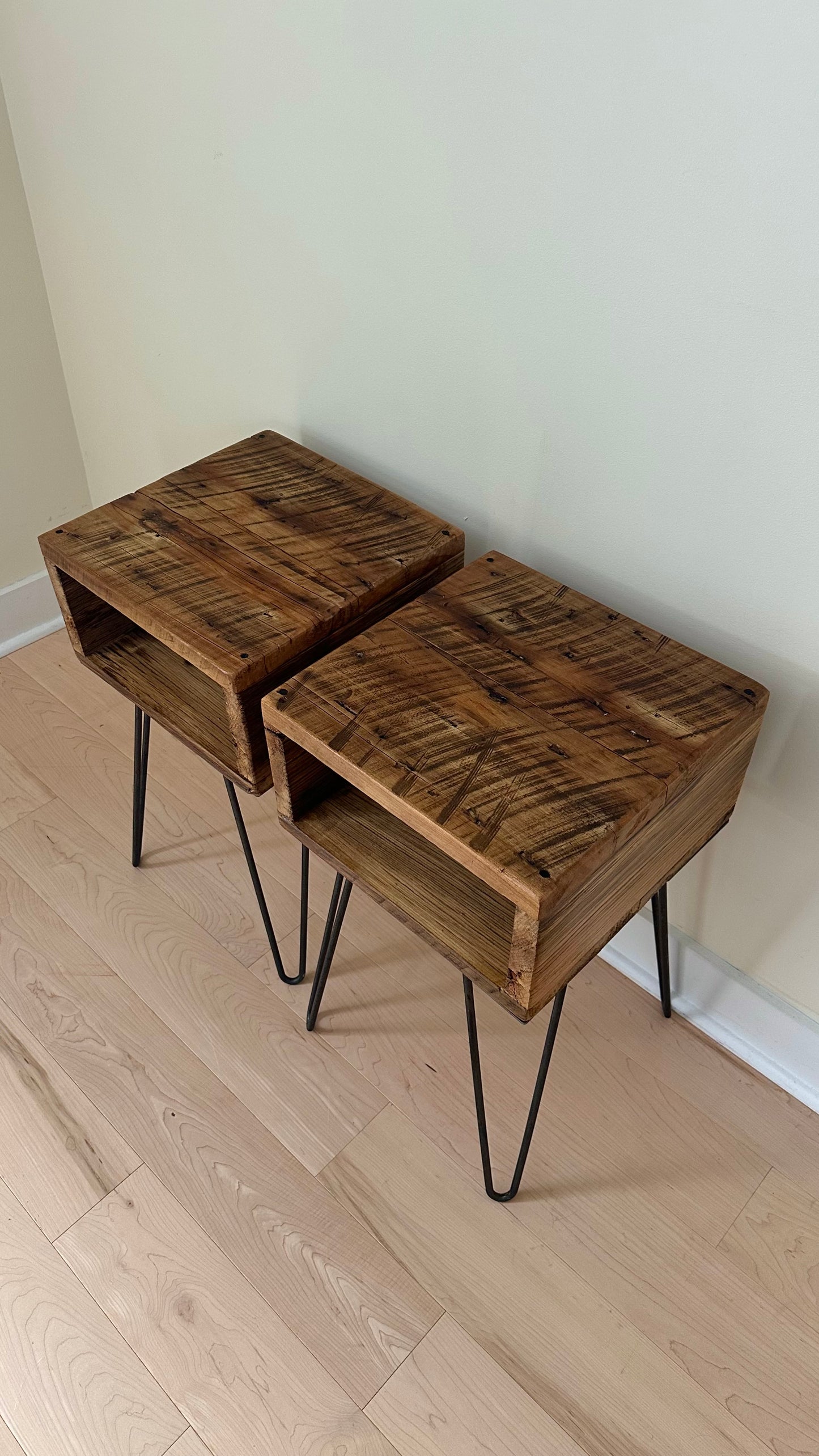 Set of 2 Rustic Reclaimed MCM Style Side / Night Tables