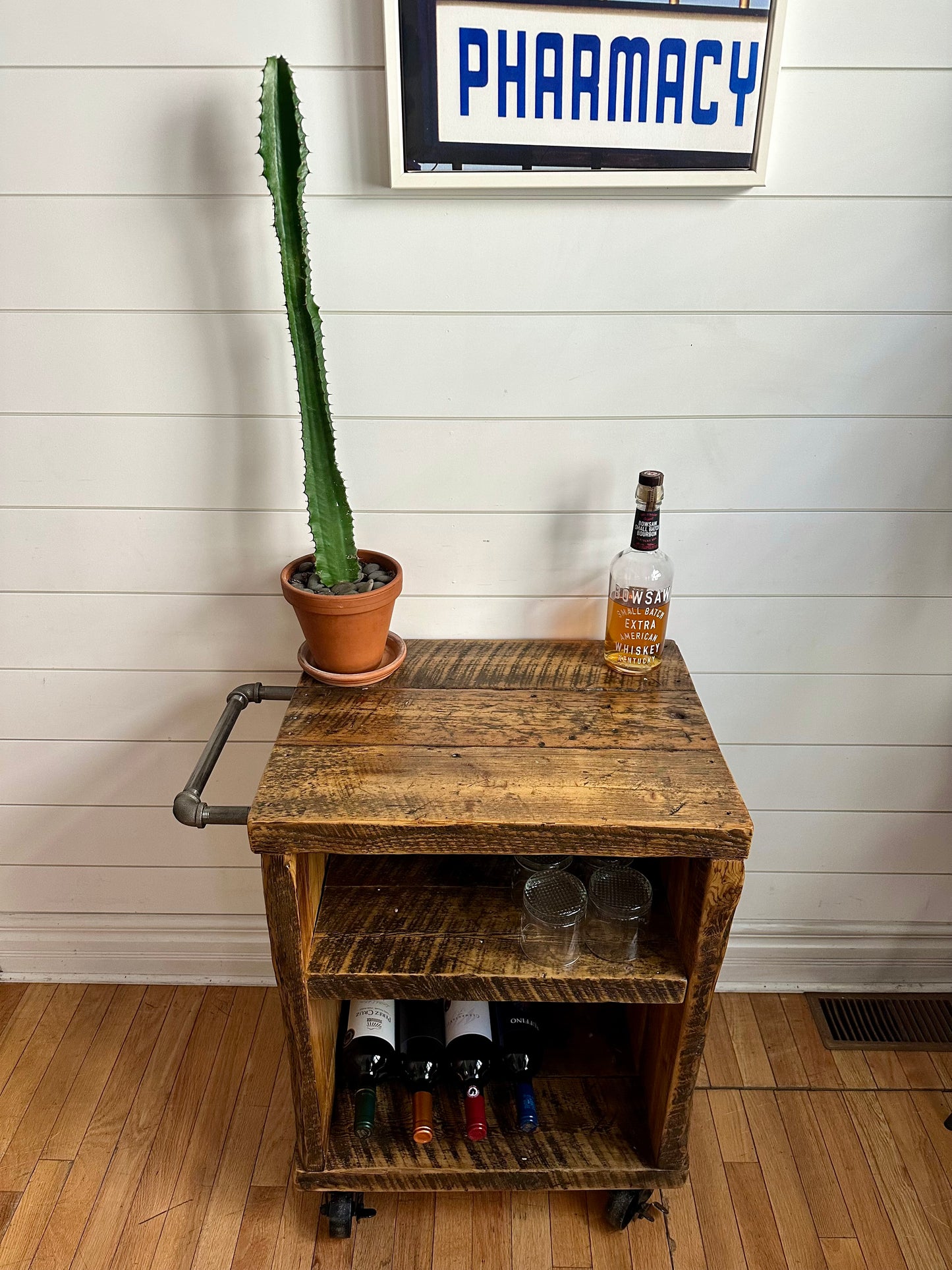 Rustic Reclaimed Wood Rolling Bar / Kitchen Cart