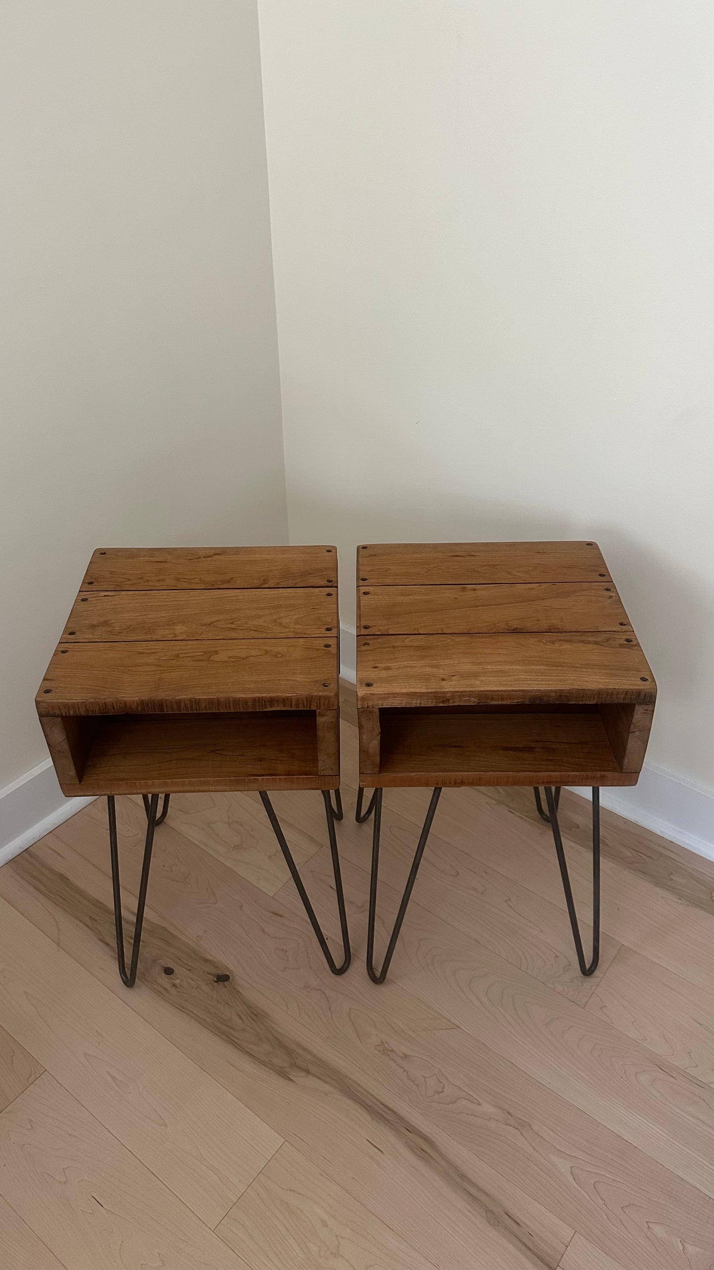 2 x Rustic Cherry Wood Side Tables / Night Stands