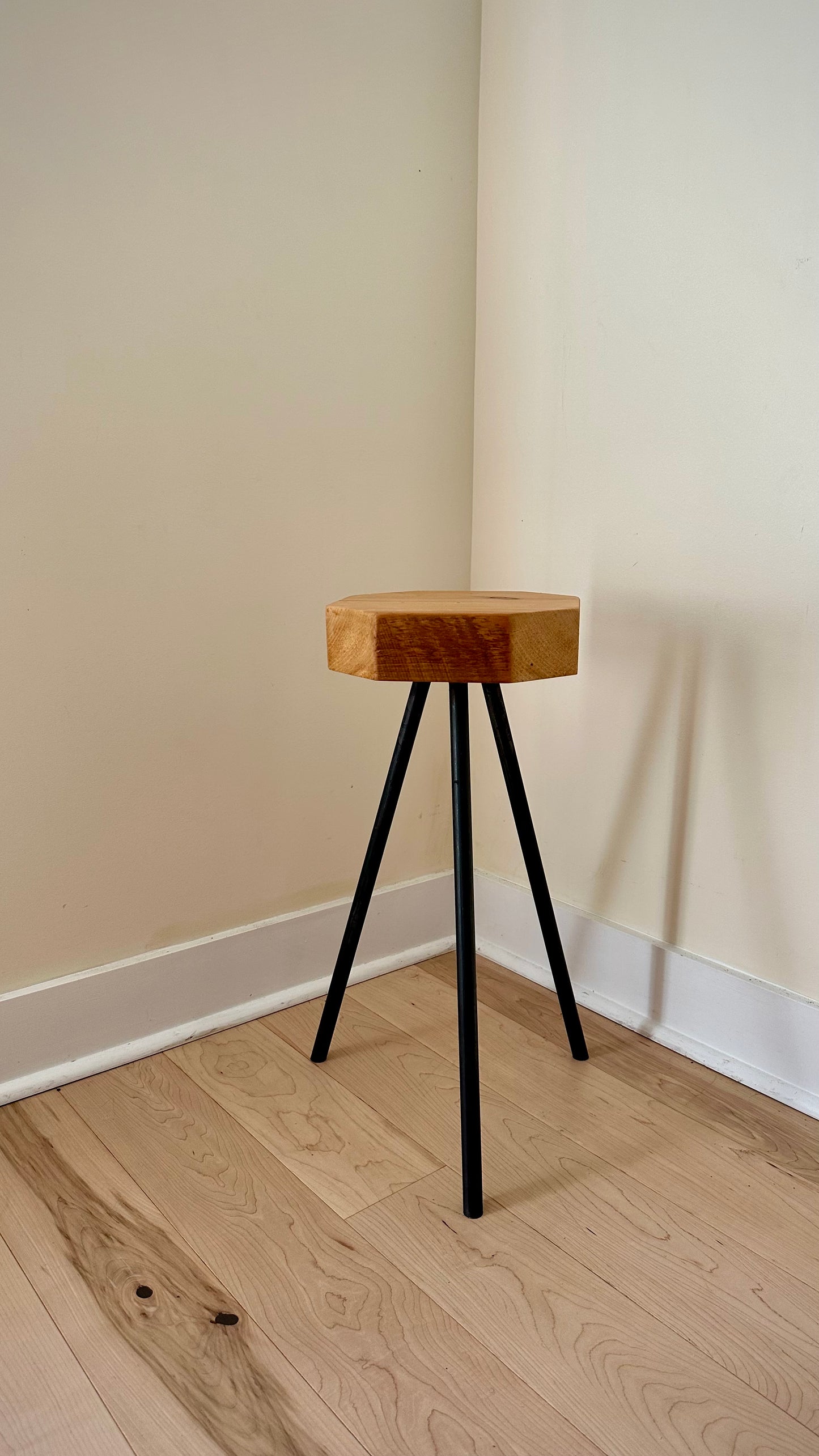 Wood side table / plant stand on steel tripod base