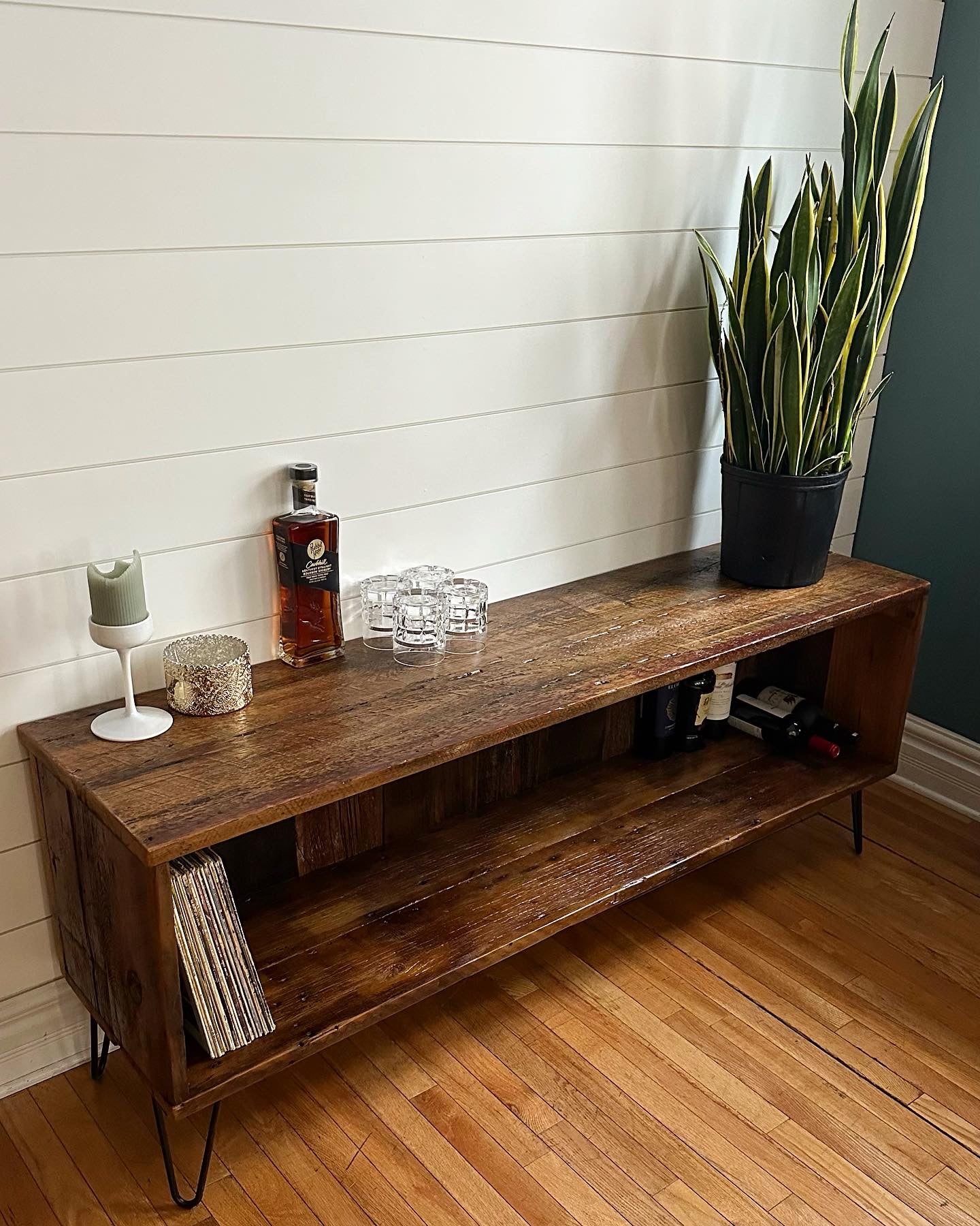 5’ L Rustic Reclaimed Wood Media Stand / Vinyl Storage Table