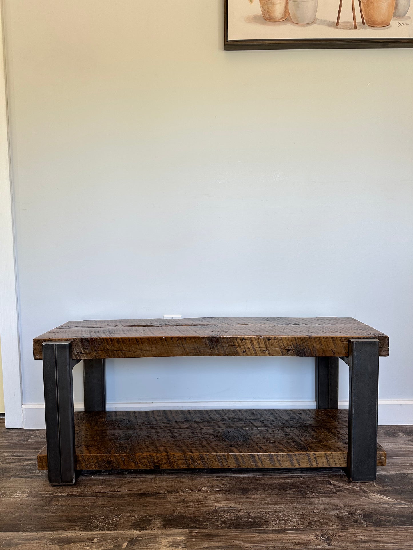 3.5’ Rustic Reclaimed Wood + Steel Entryway Bench / Narrow Coffee Table