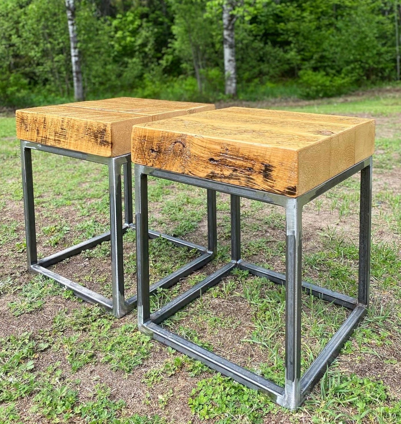 Set of 2 X Rustic Reclaimed Wood + Steel Frame Side / End Tables / Night Stands