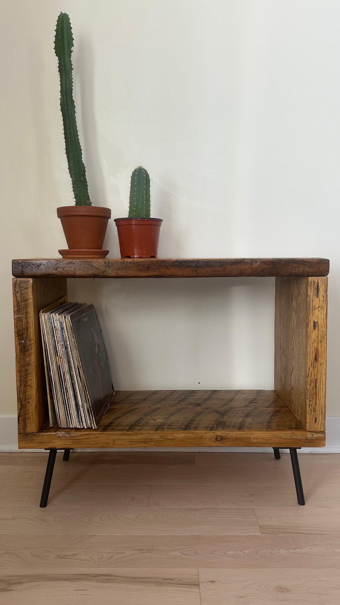 32” L Rustic Wood Vinyl / Side Table on Pin Legs