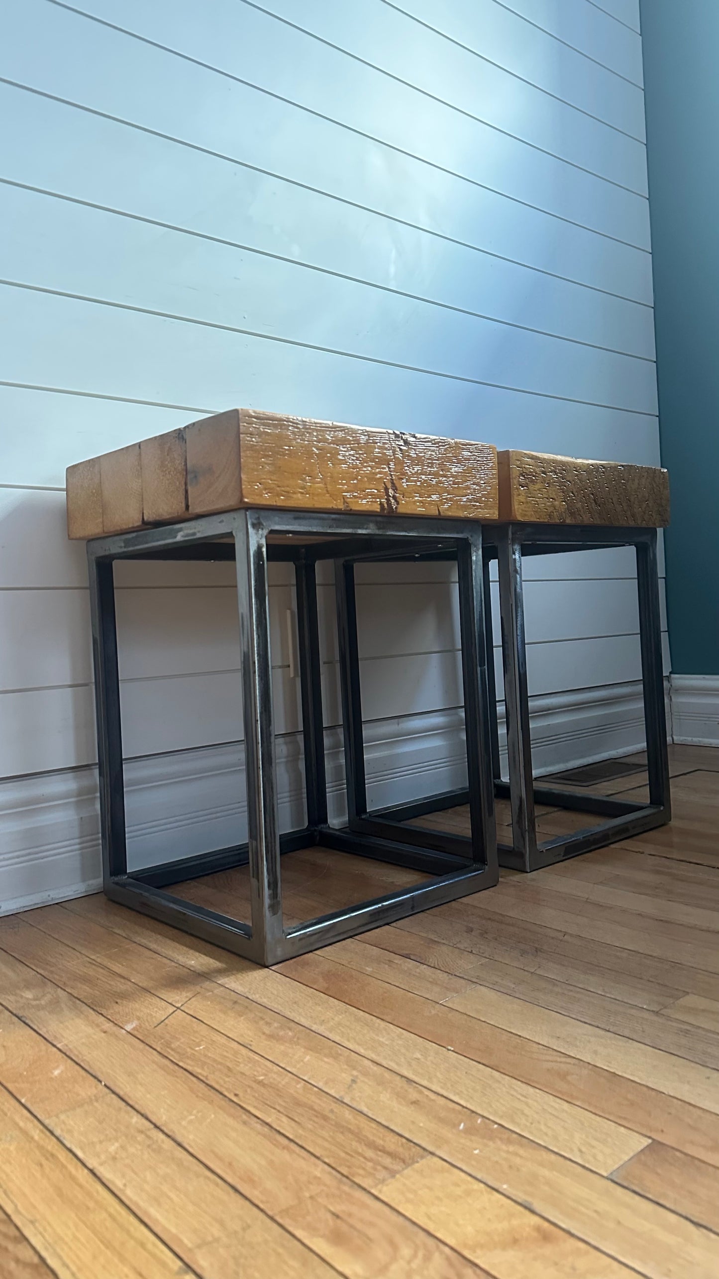 Set of 2 Rustic Reclaimed Barn Wood + Steel Side Tables