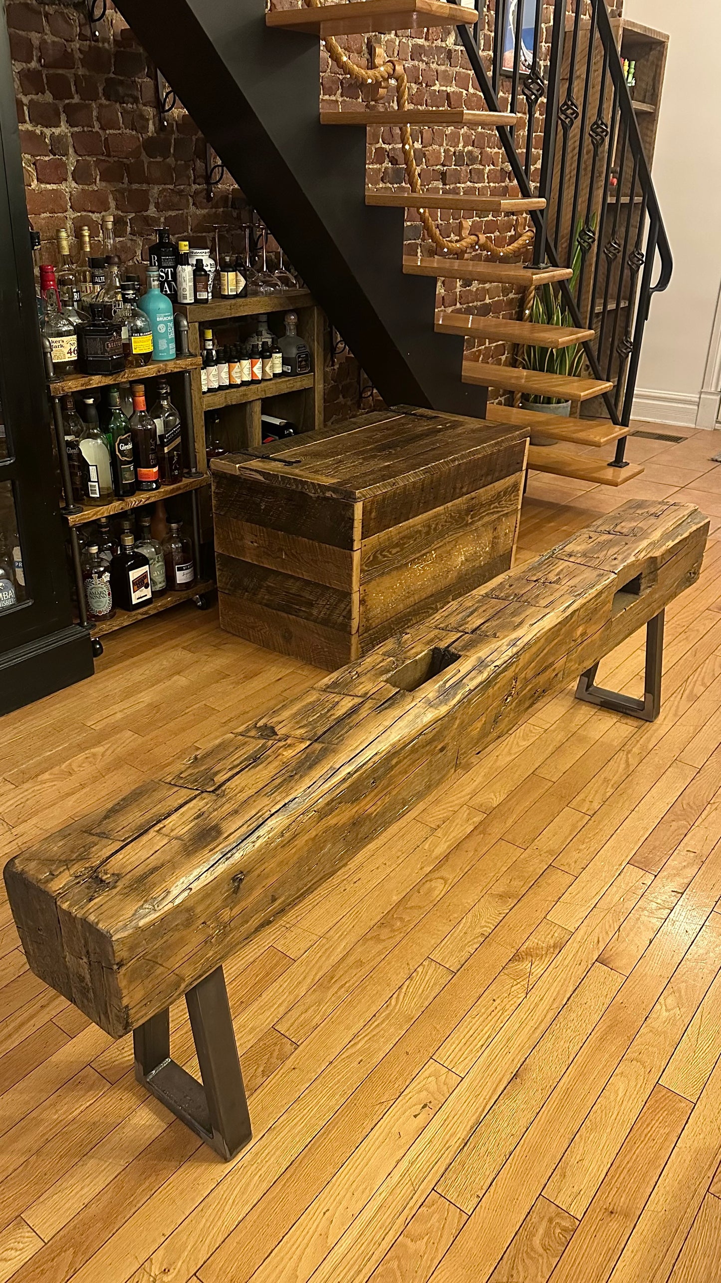 6’ Rustic Reclaimed Barn Wood Beam Bench on Steel Legs