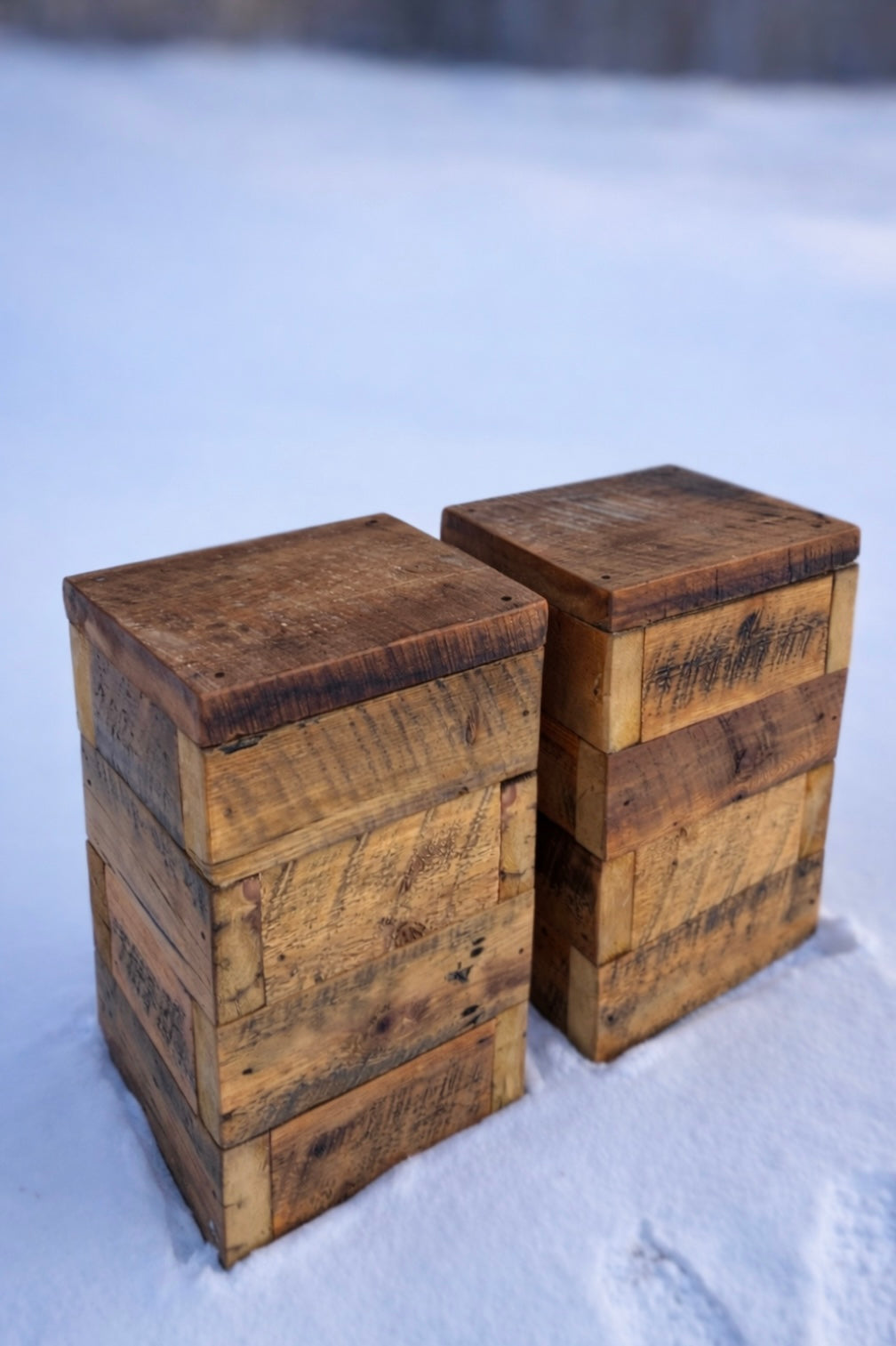 2 x Rustic Mixed Wood Side Tables