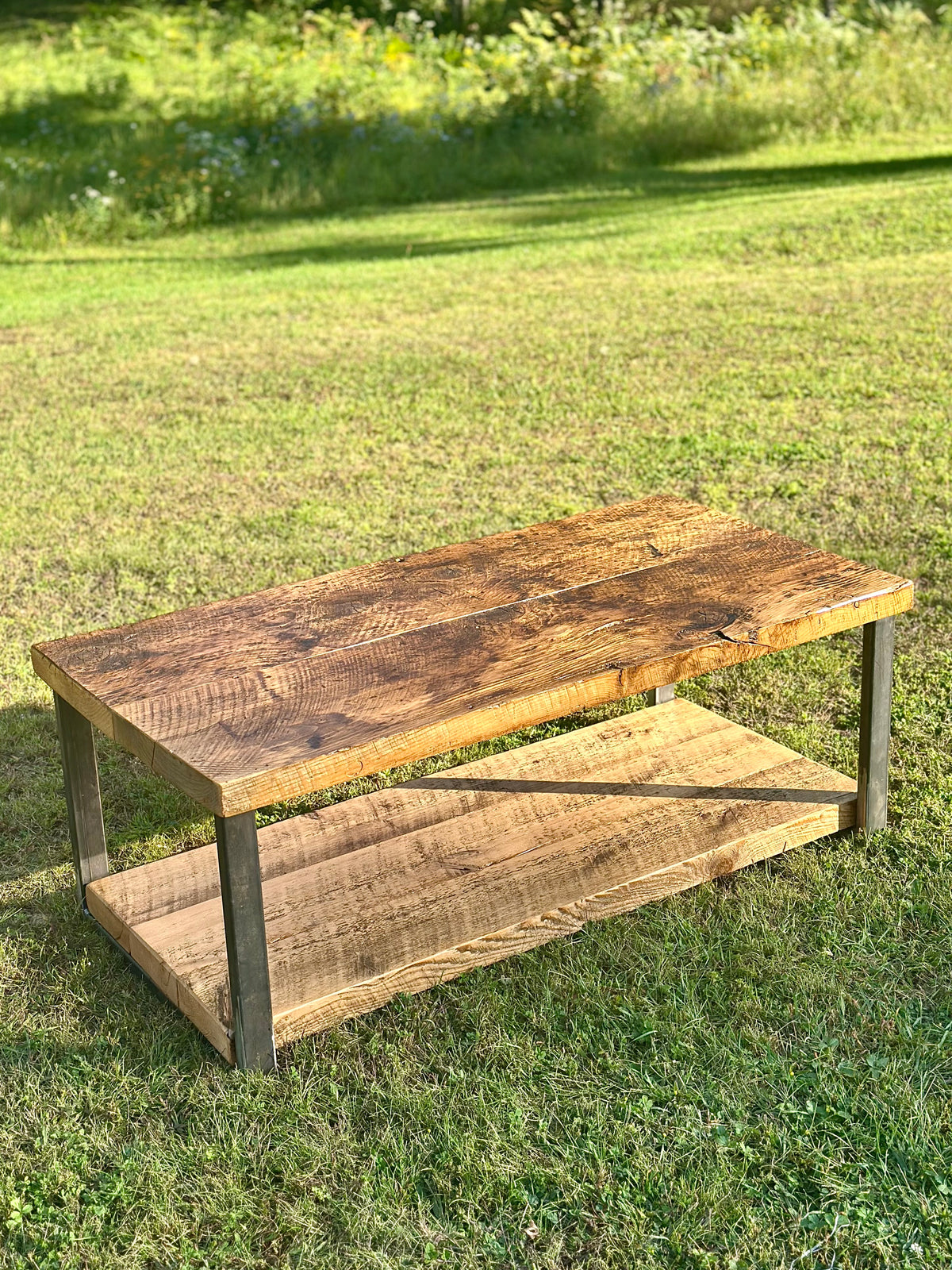 4' L Rustic Reclaimed Wood + Steel Coffee Table
