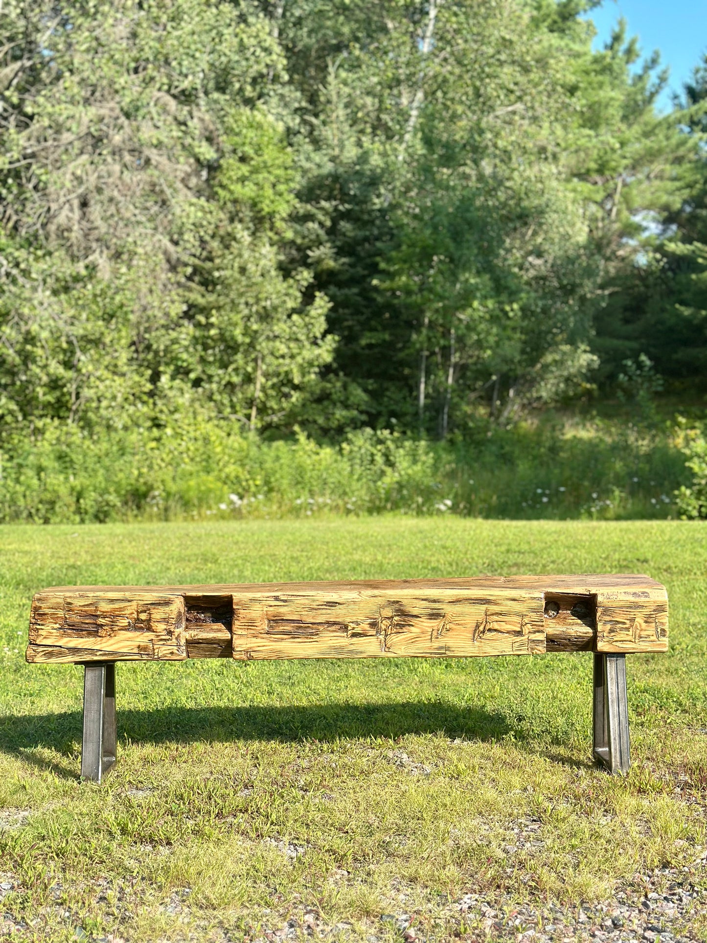 5’ L Rustic Barn Wood Beam + Steel Bench