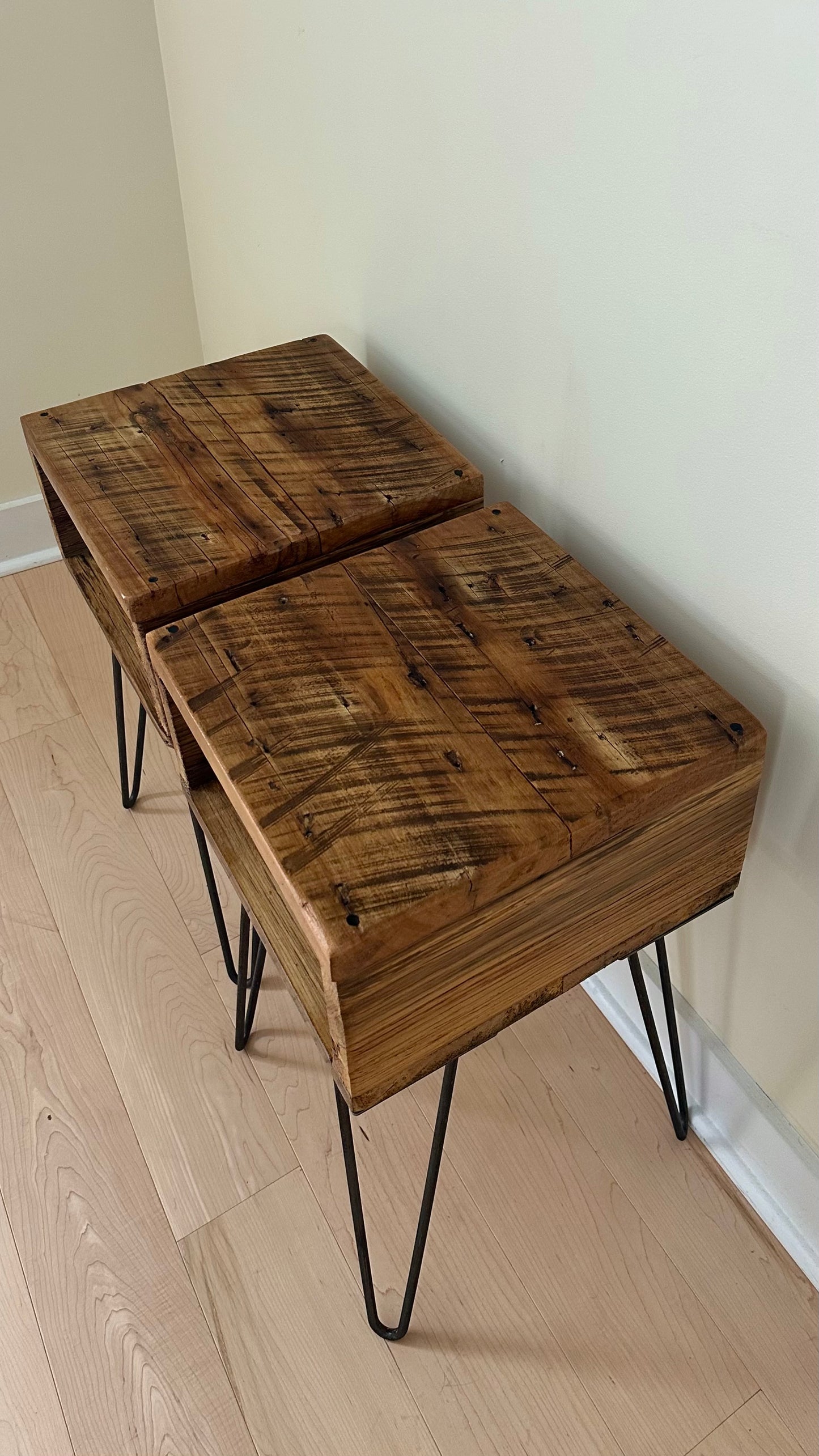 Set of 2 Rustic Reclaimed MCM Style Side / Night Tables