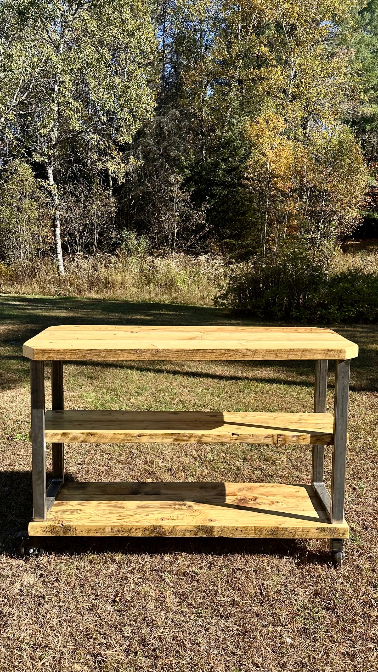 4 1/2’ L Rustic Reclaimed Wood + Steel Kitchen Island