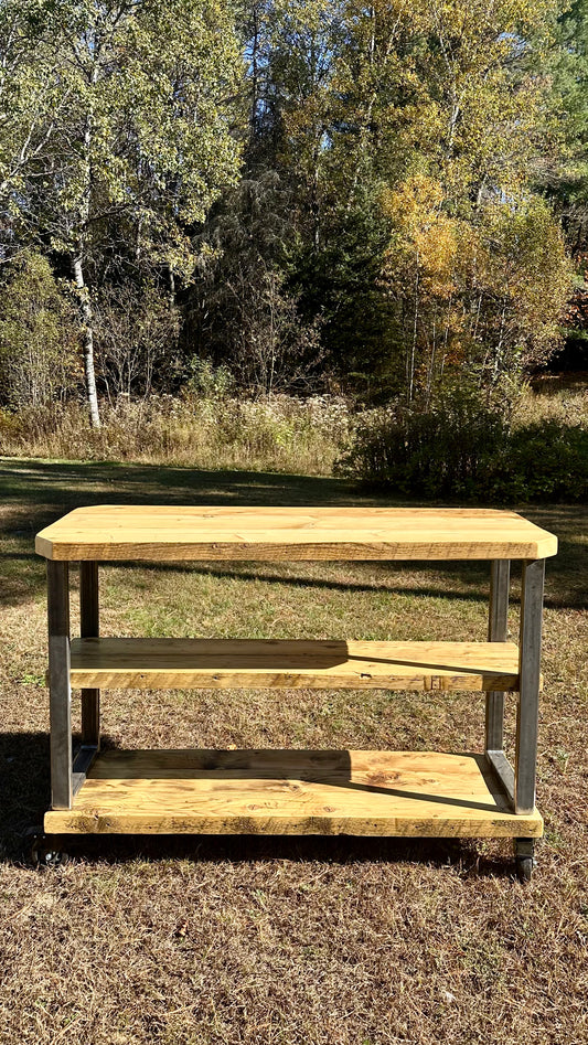 4 1/2’ L Rustic Reclaimed Wood + Steel Kitchen Island