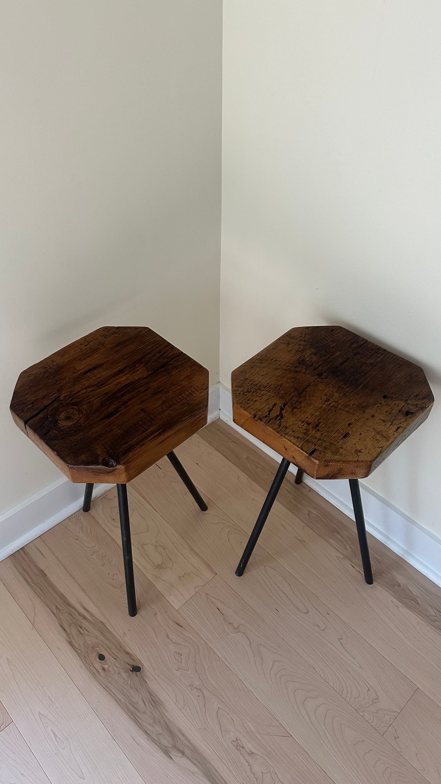 Rustic Wood and Steel Tripod Side Table / Plant Stand