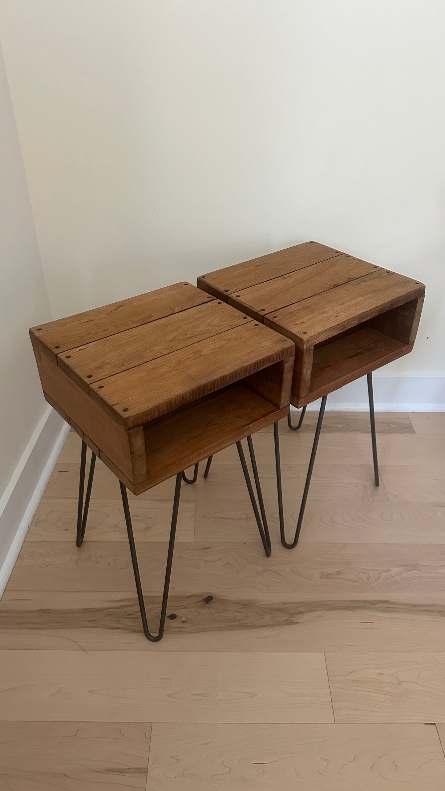 2 x Rustic Cherry Wood Side Tables / Night Stands