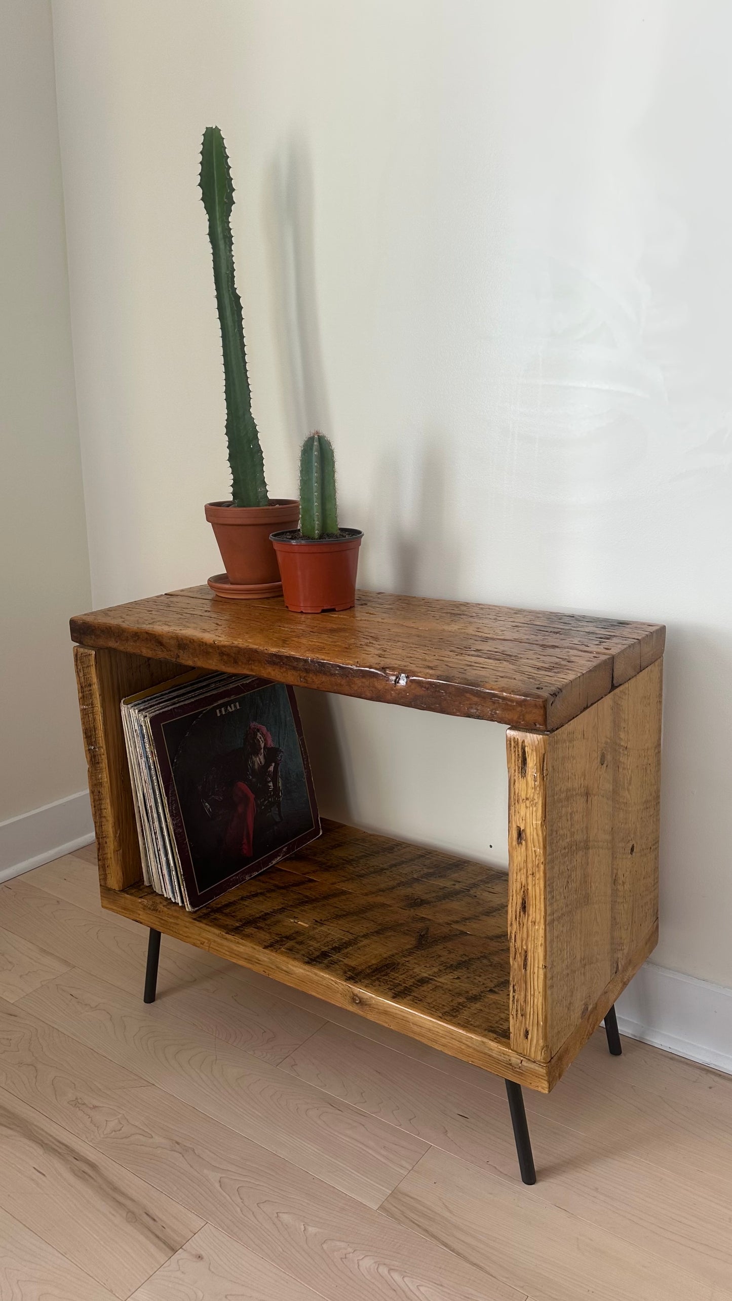 32” L Rustic Wood Vinyl / Side Table on Pin Legs