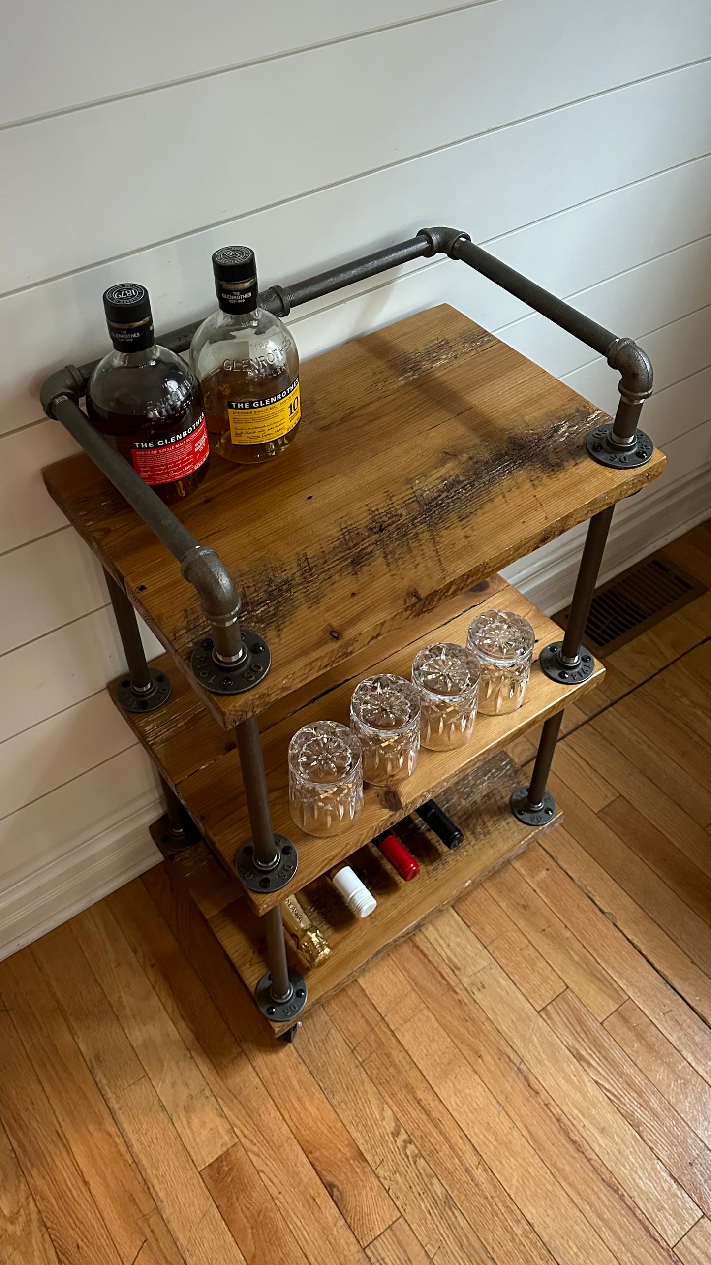 20” L Rustic Wood + Iron Rolling Bar Cart
