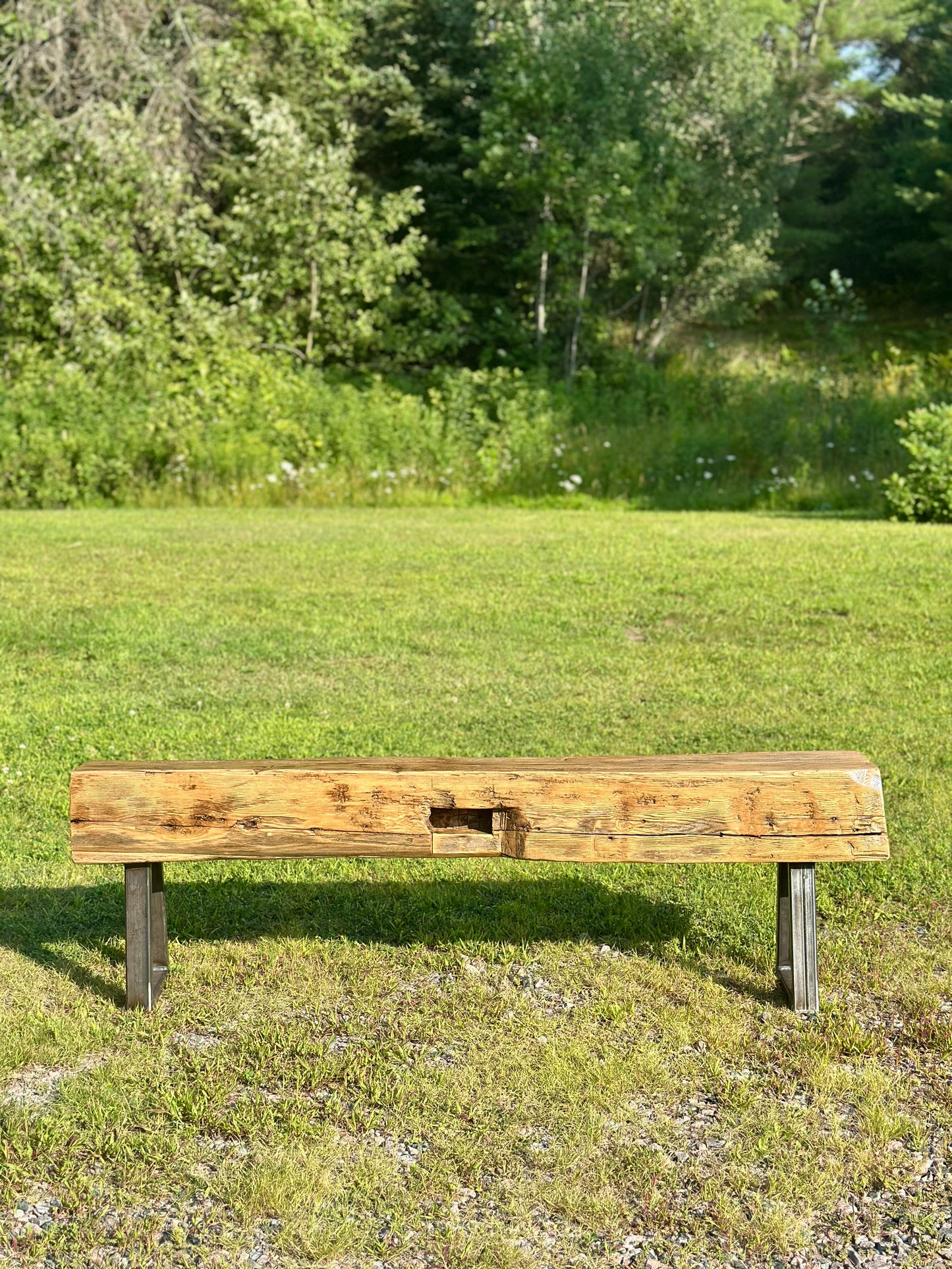 5’ L Rustic Barn Wood Beam + Steel Bench