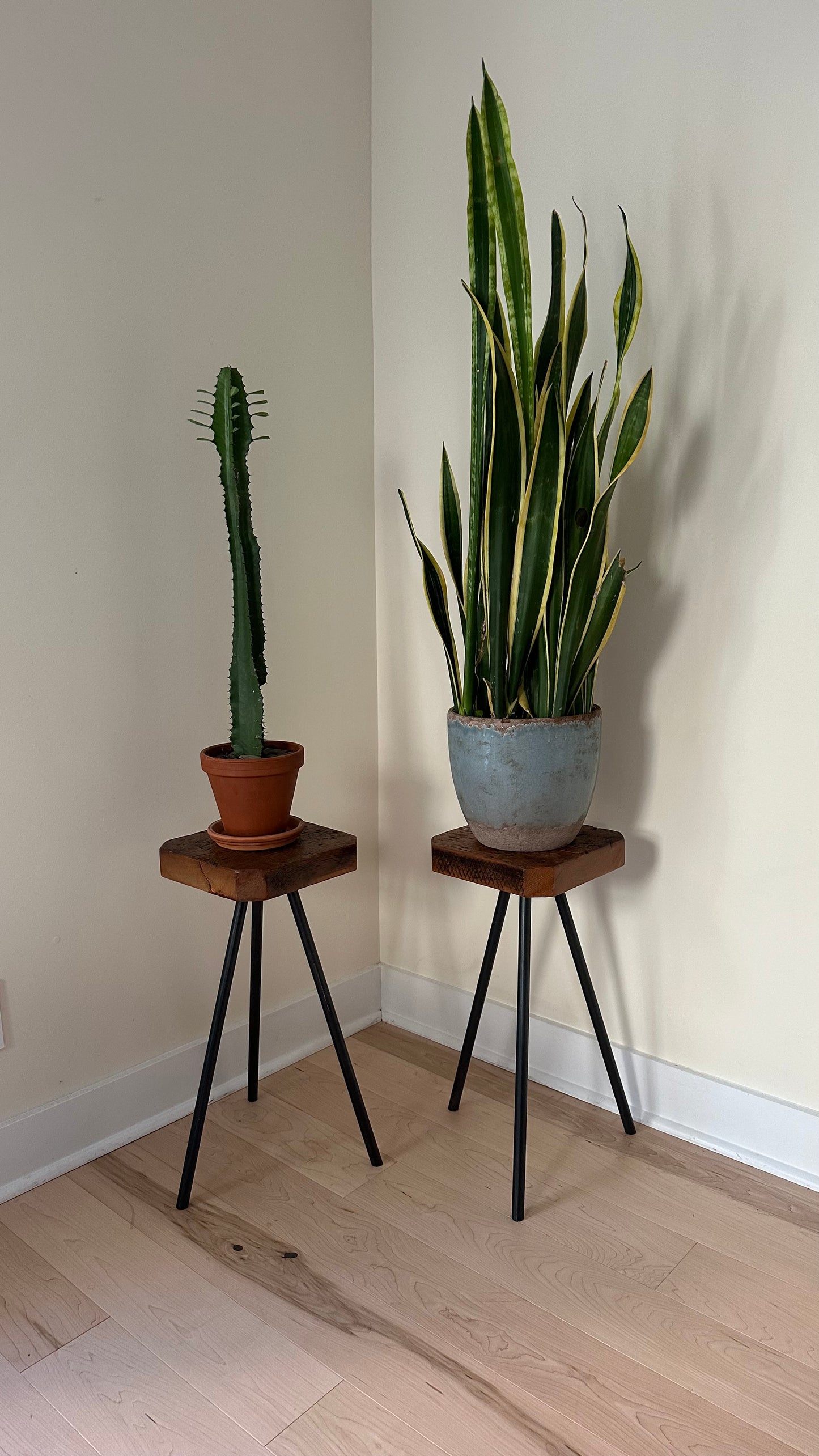 Rustic Wood and Steel Tripod Side Table / Plant Stand