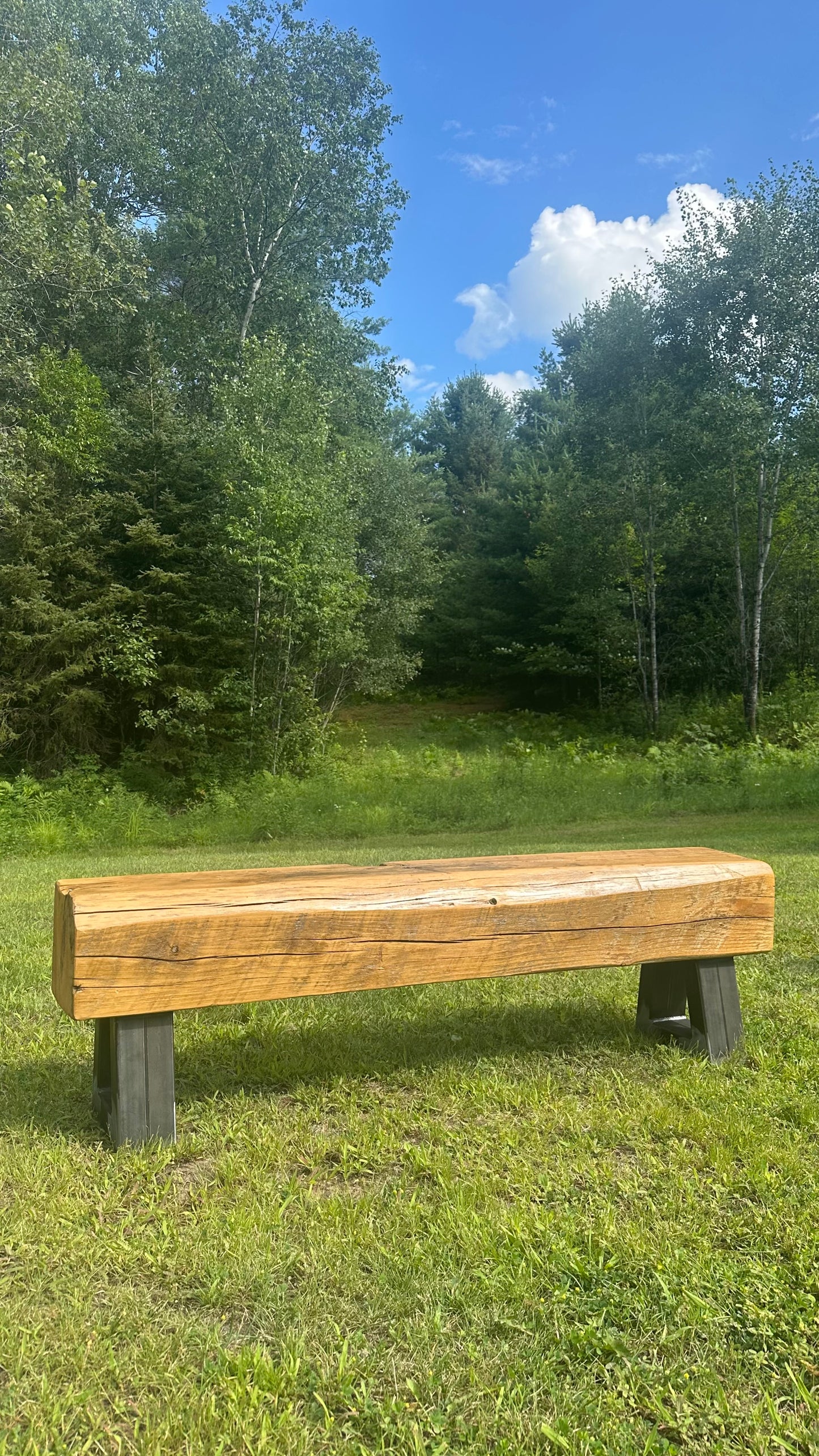5' L Rustic Wood Beam + Steel Bench