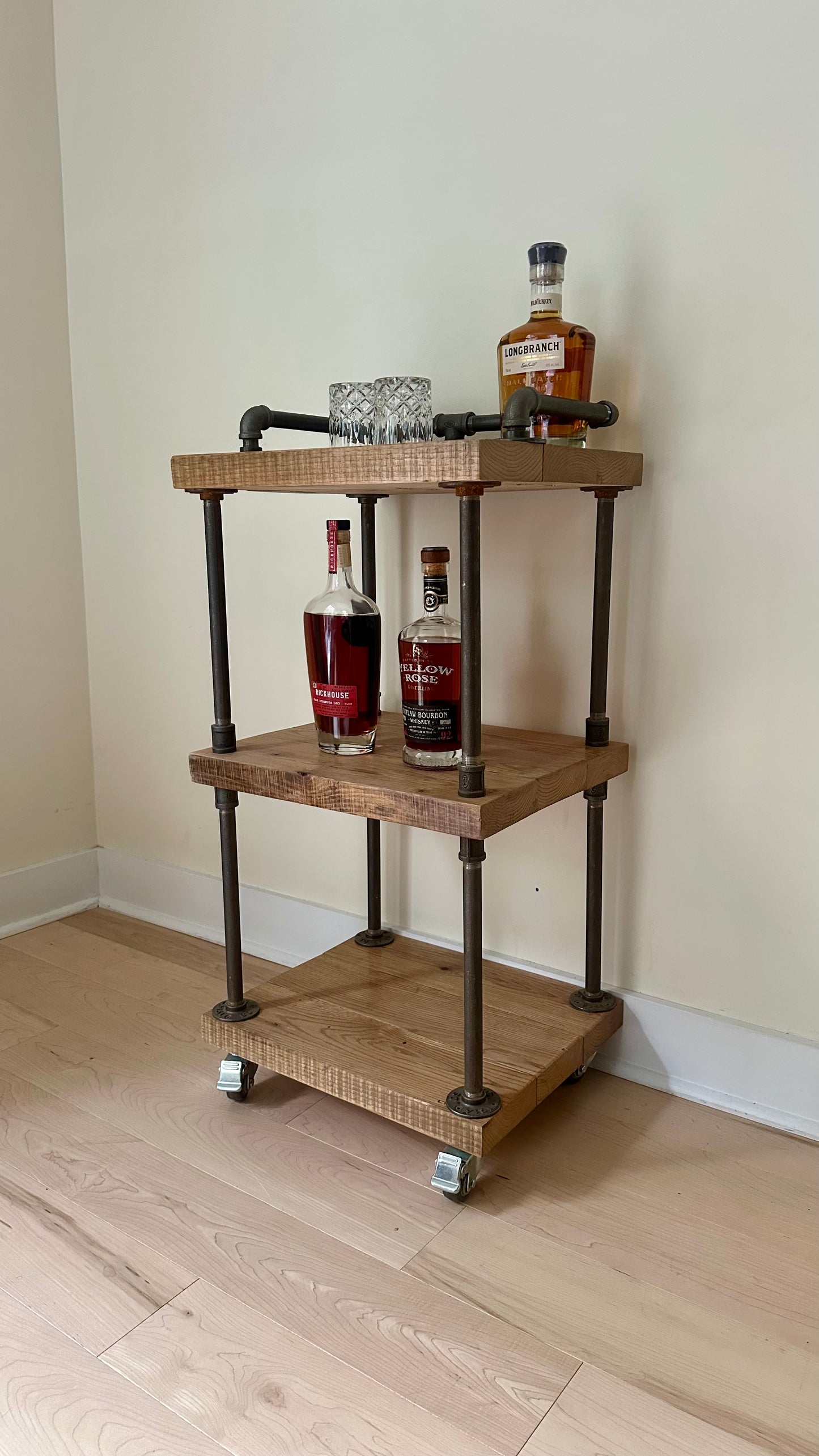 Rustic Reclaimed Oak Wood + Iron Bar Cart