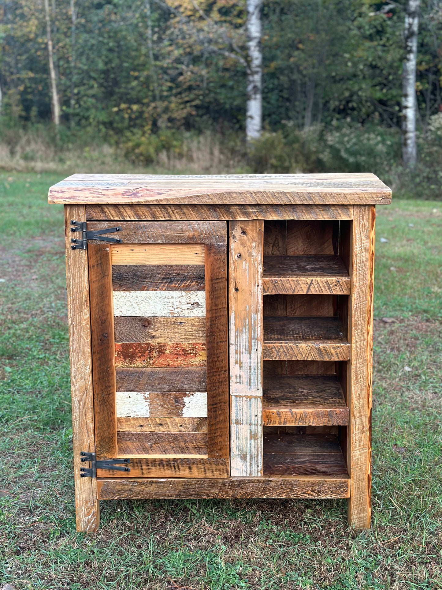 40” L Rustic Reclaimed Wood + Steel Bar Cabinet