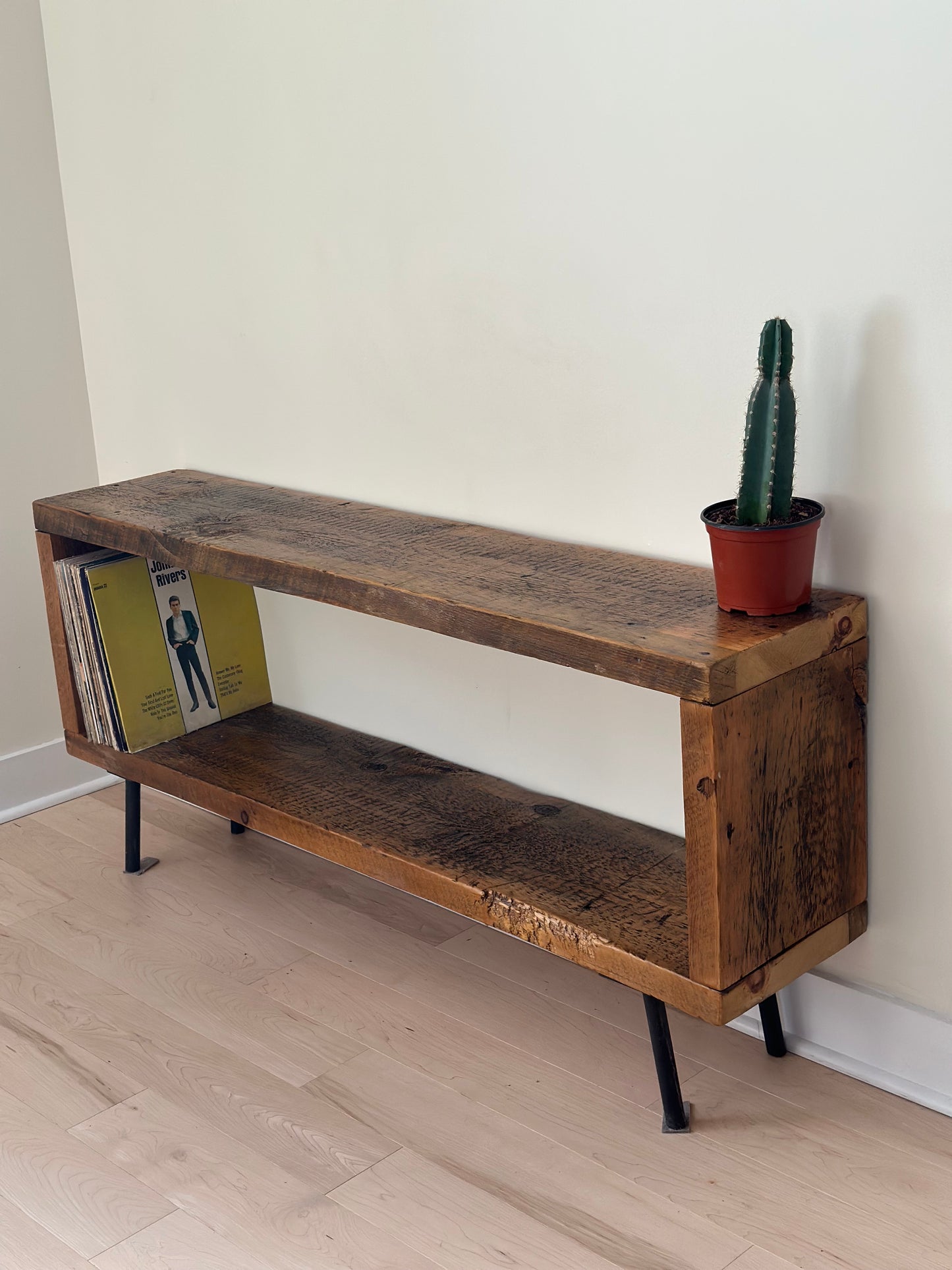5’ L Minimalist Rustic Wood Media Stand on Pin Legs
