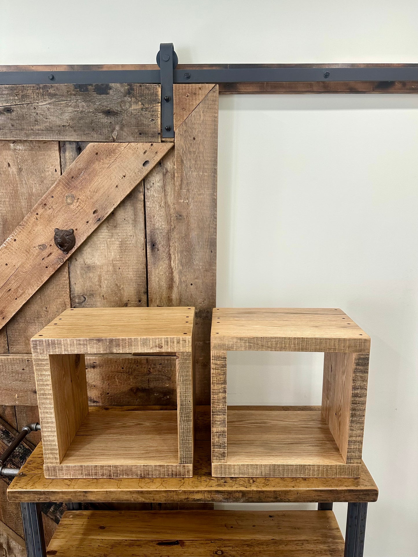 2 x Rustic Oak Wood Side Tables / Vinyl Cubbies