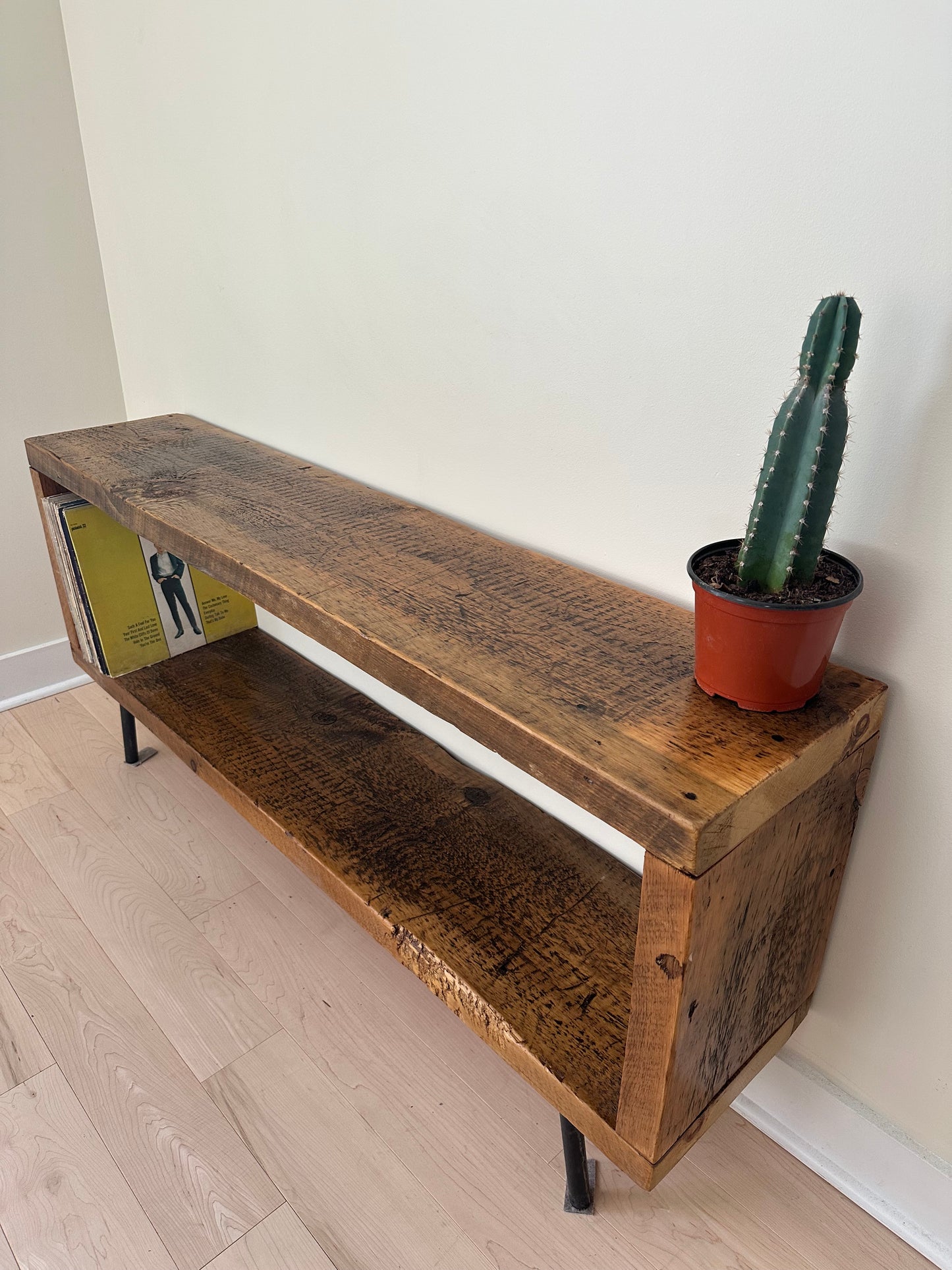 5’ L Minimalist Rustic Wood Media Stand on Pin Legs