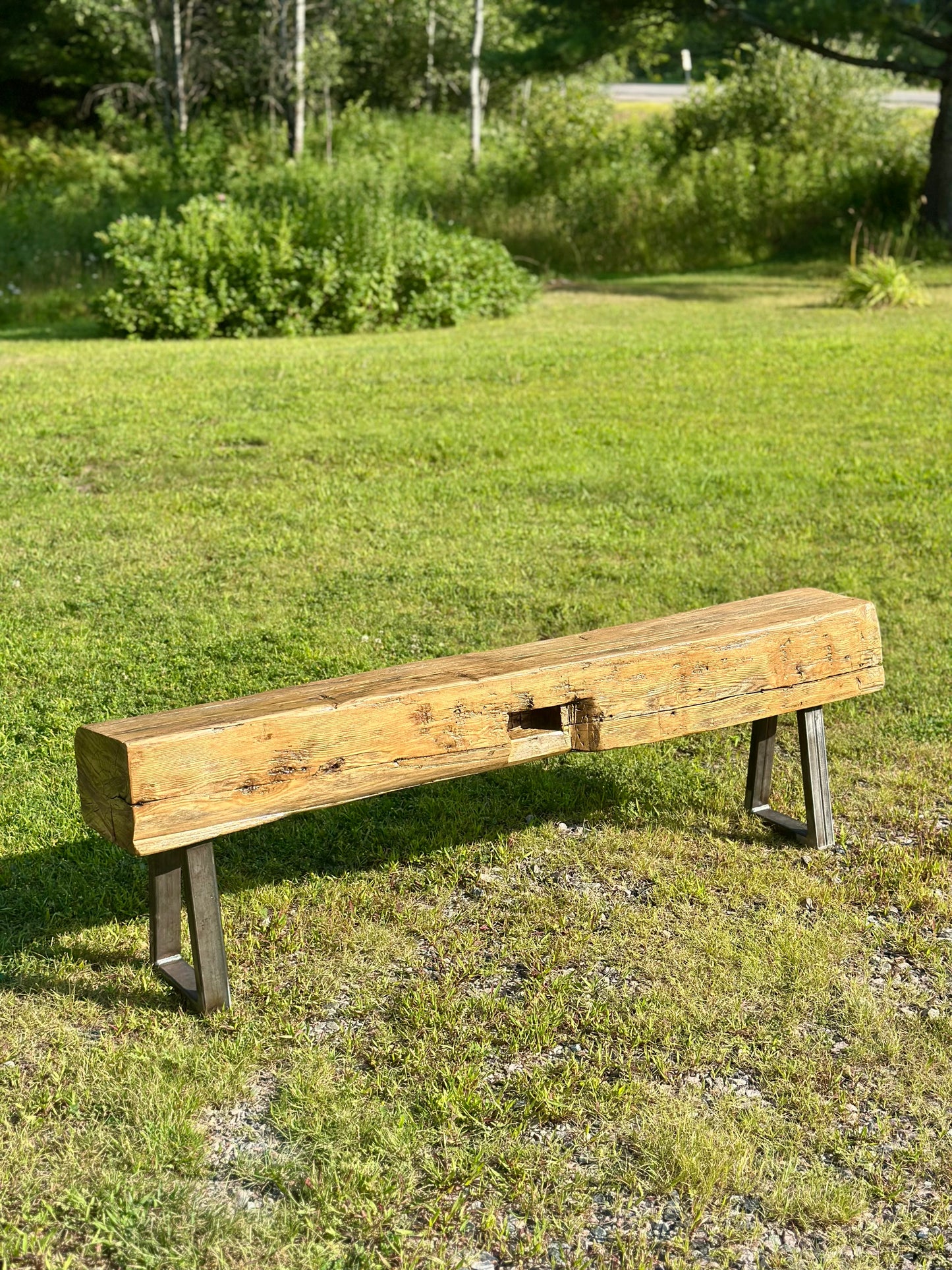 5’ L Rustic Barn Wood Beam + Steel Bench