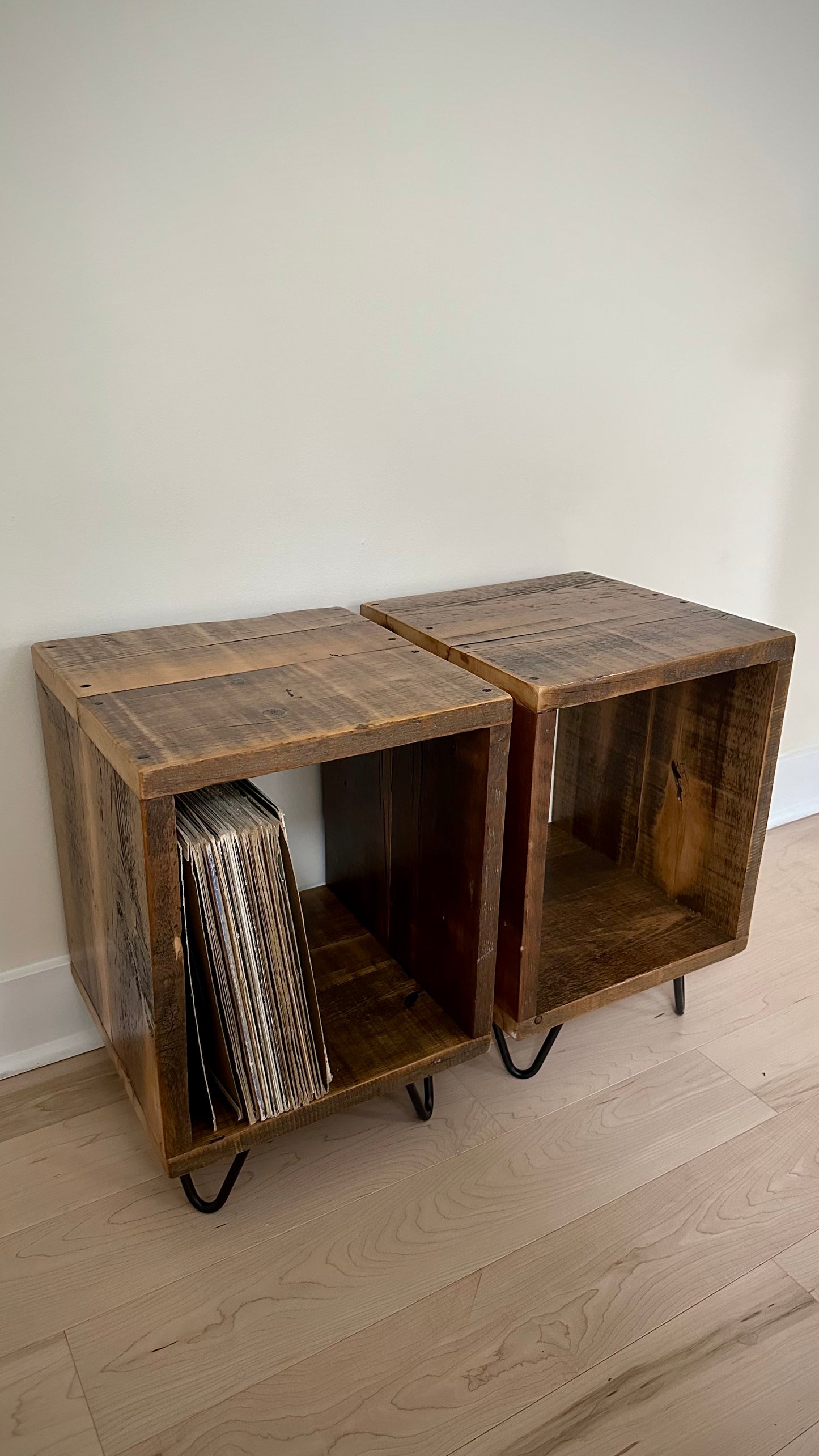 Set of 2 Rustic Wood Side Table / Night Stand / Vinyl Holder