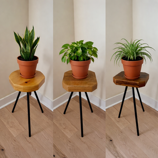 Wood side table / plant stand on steel tripod base