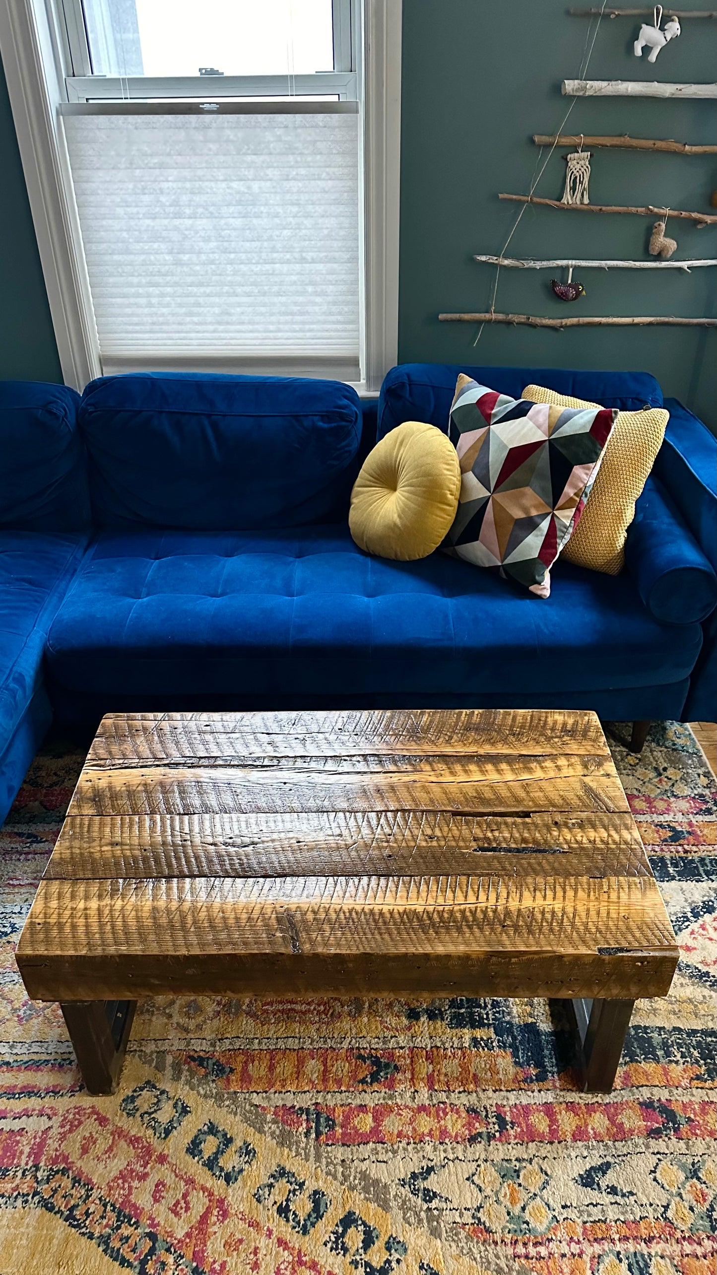 3.5' L Rustic Wood Beam + Steel Table