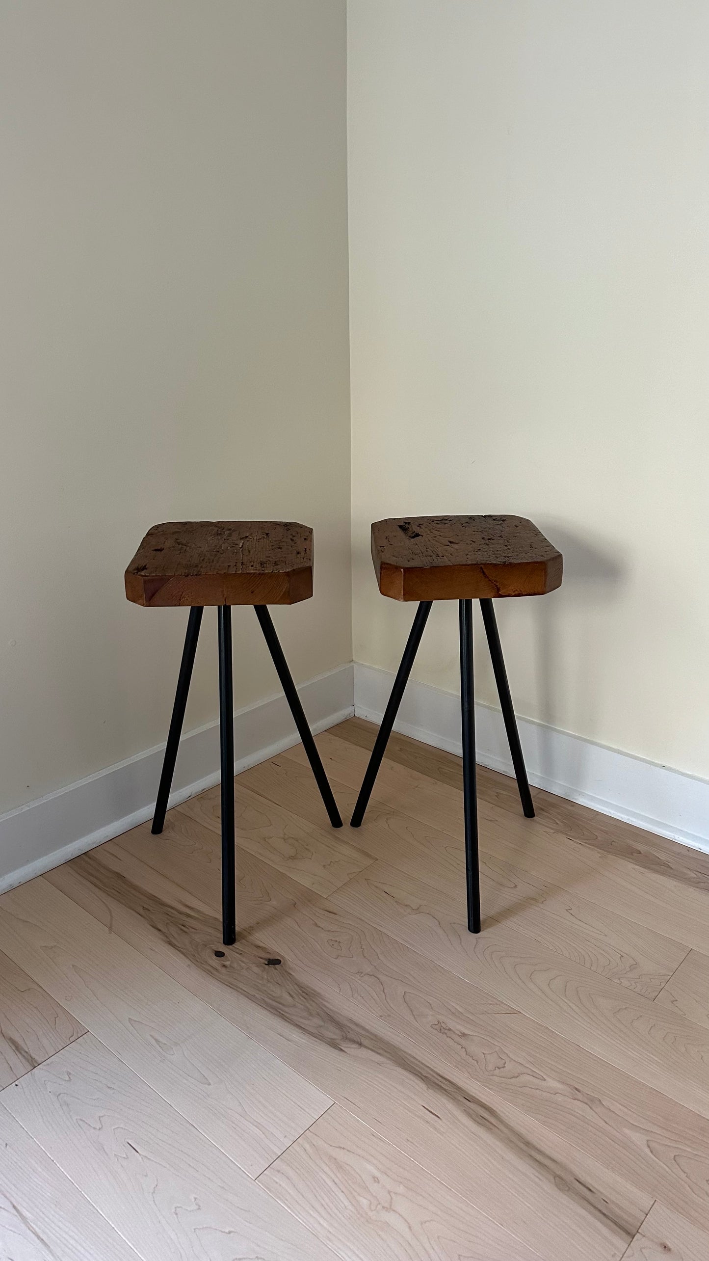 Rustic Wood and Steel Tripod Side Table / Plant Stand