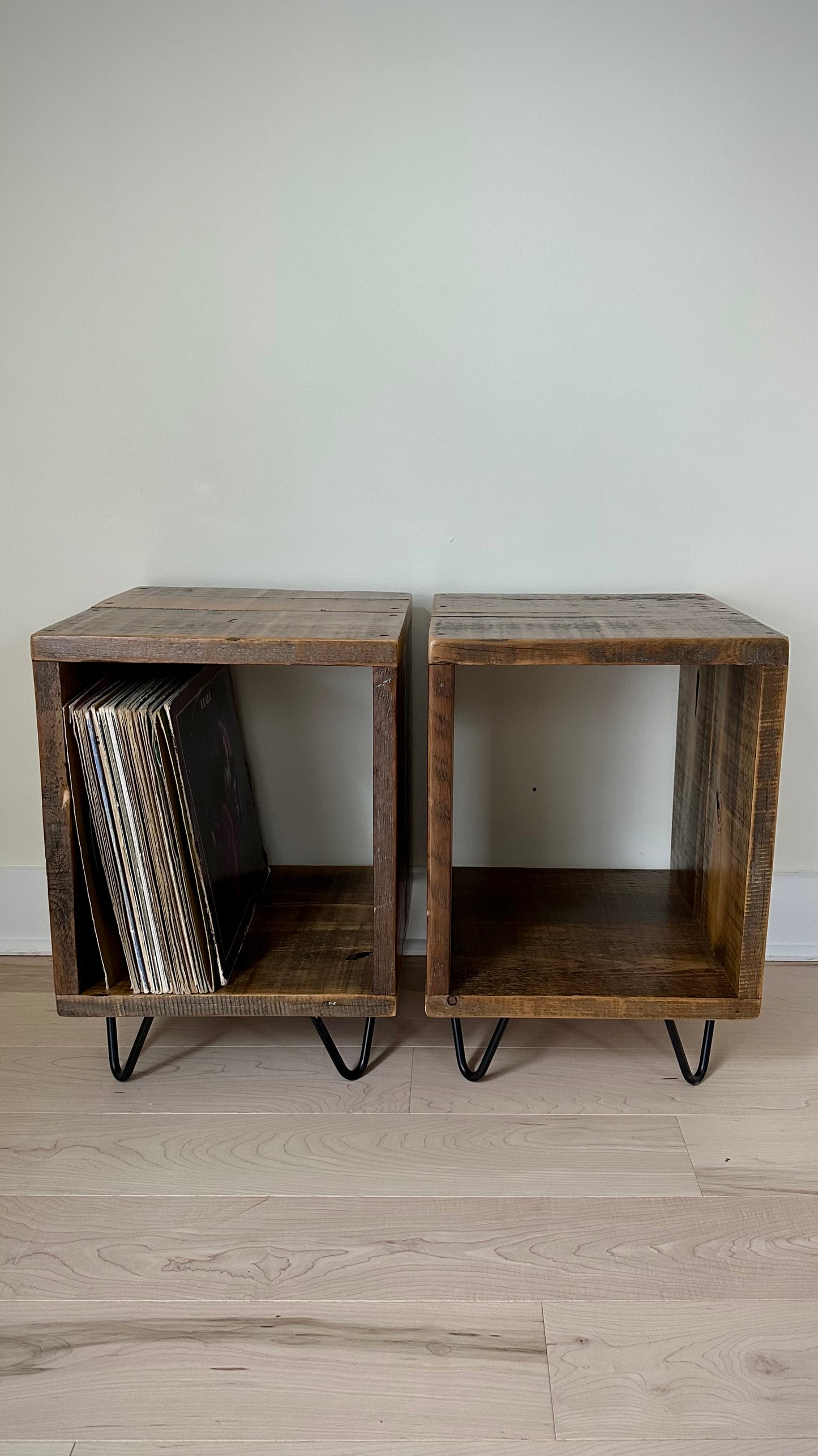 Set of 2 Rustic Wood Side Table / Night Stand / Vinyl Holder