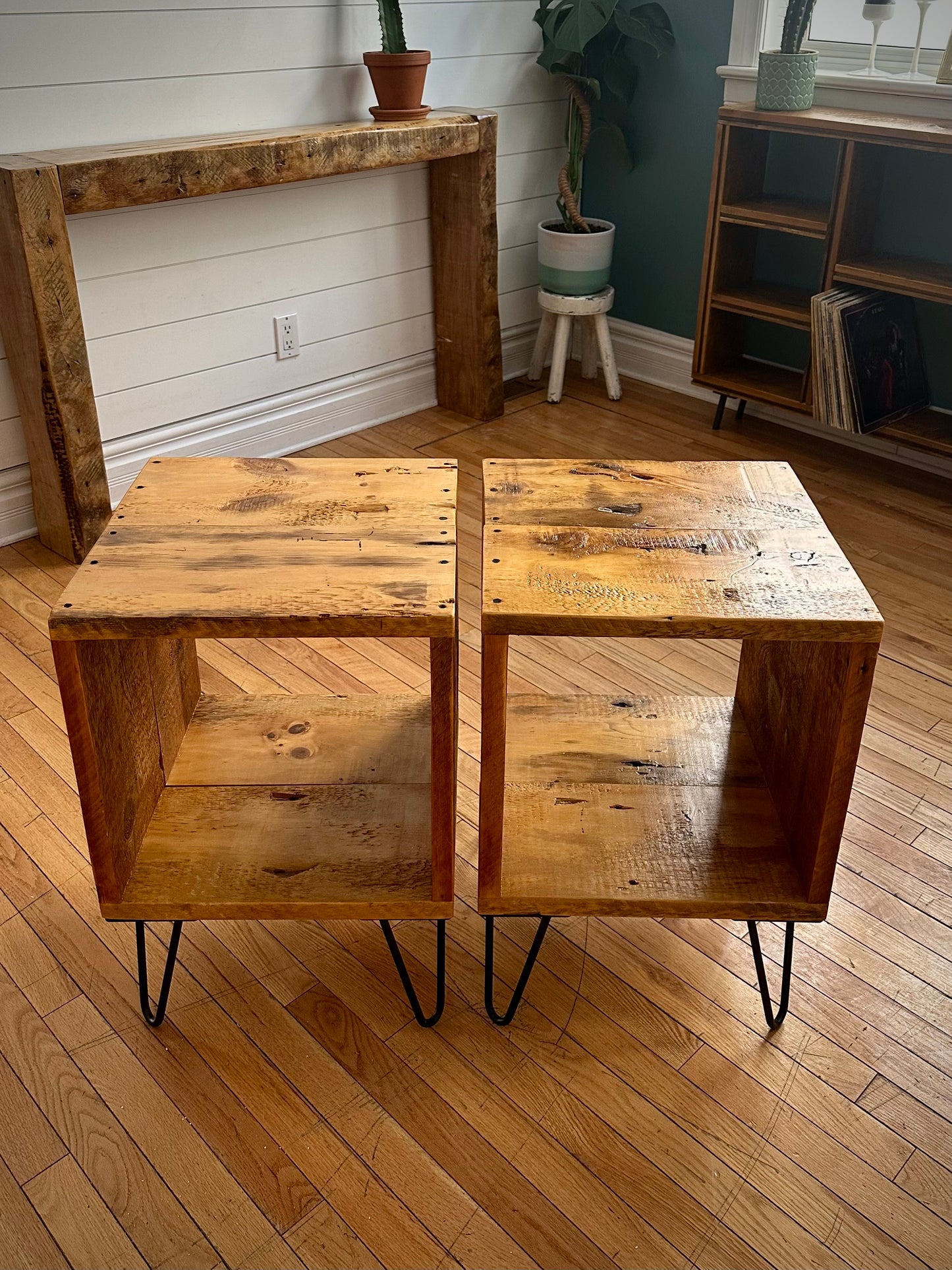 Set of 2 Rustic Reclaimed Wood Cube Side Tables / Night Stands on Hairpin Legs