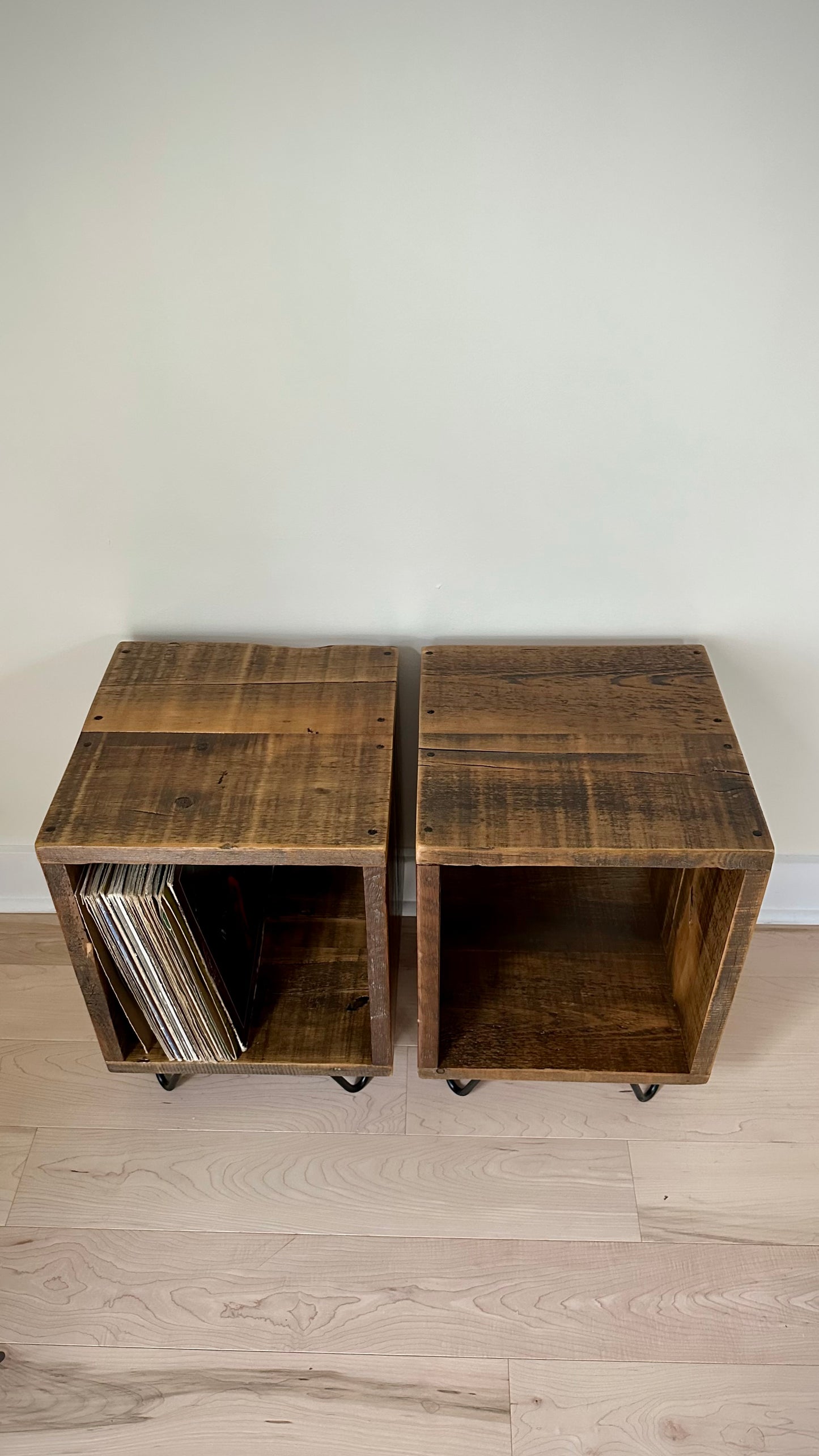 Set of 2 Rustic Wood Side Table / Night Stand / Vinyl Holder