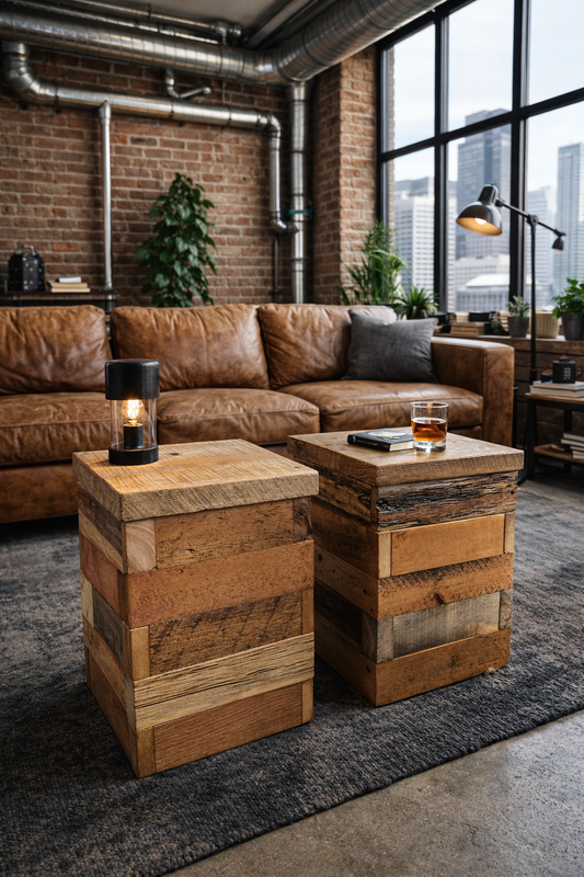 2 x Rustic Mixed Wood Side Tables