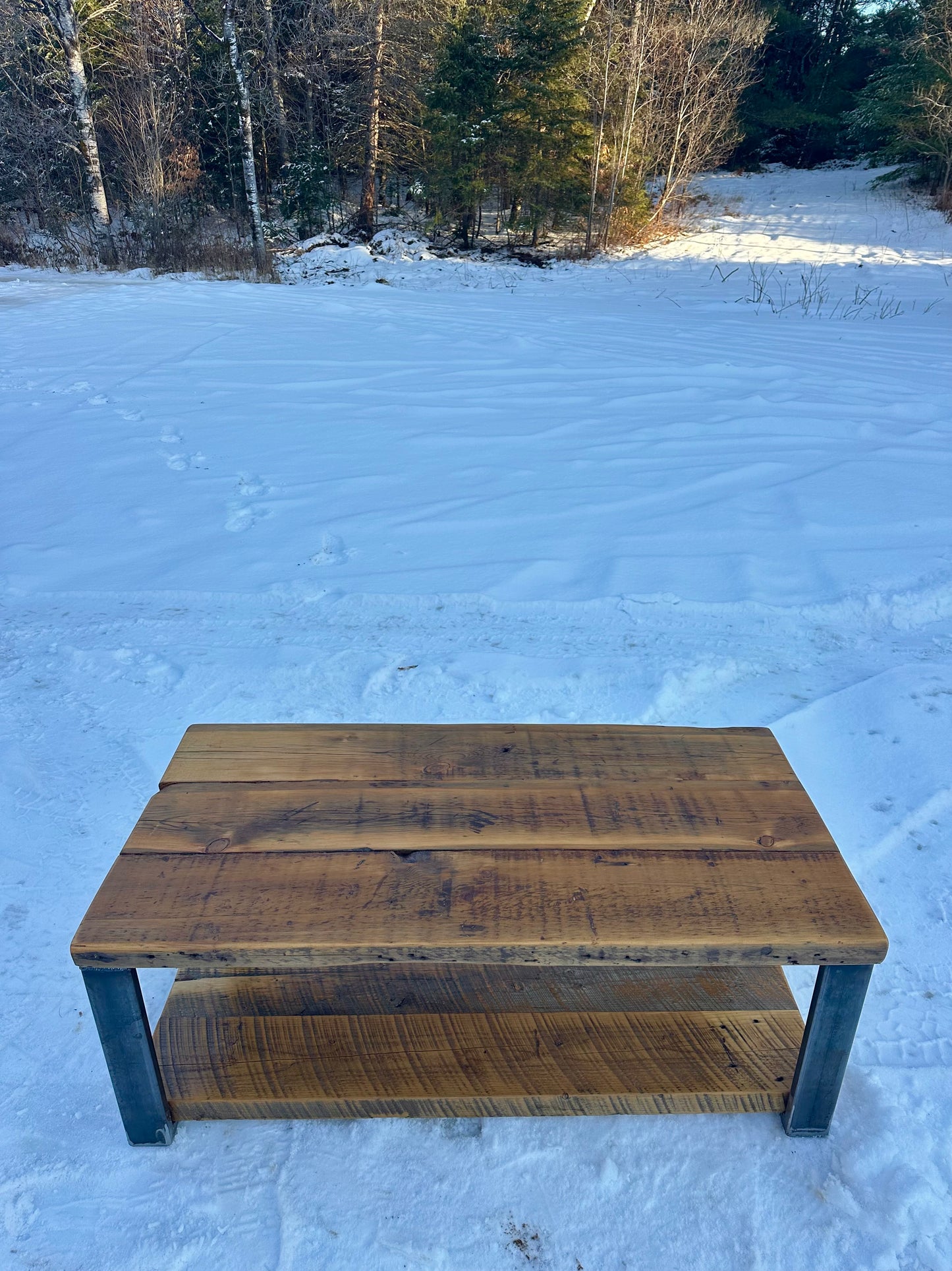 2 x 4’ Rustic Wood and Steel Coffee Table