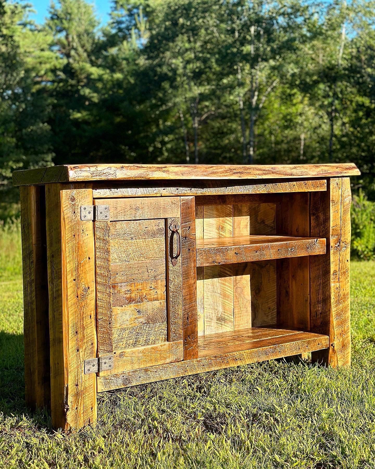 4.5’ L Rustic Live Edge + Reclaimed Wood Bar / Media Cabinet
