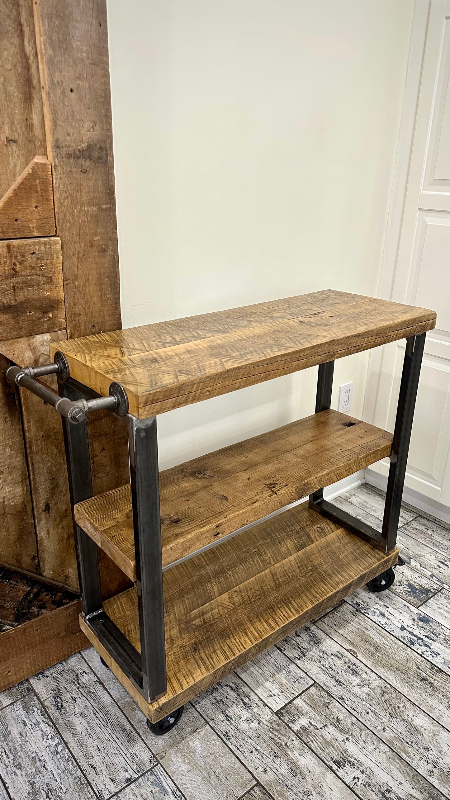3’ L Rustic Wood + Steel Island / Bar Cart