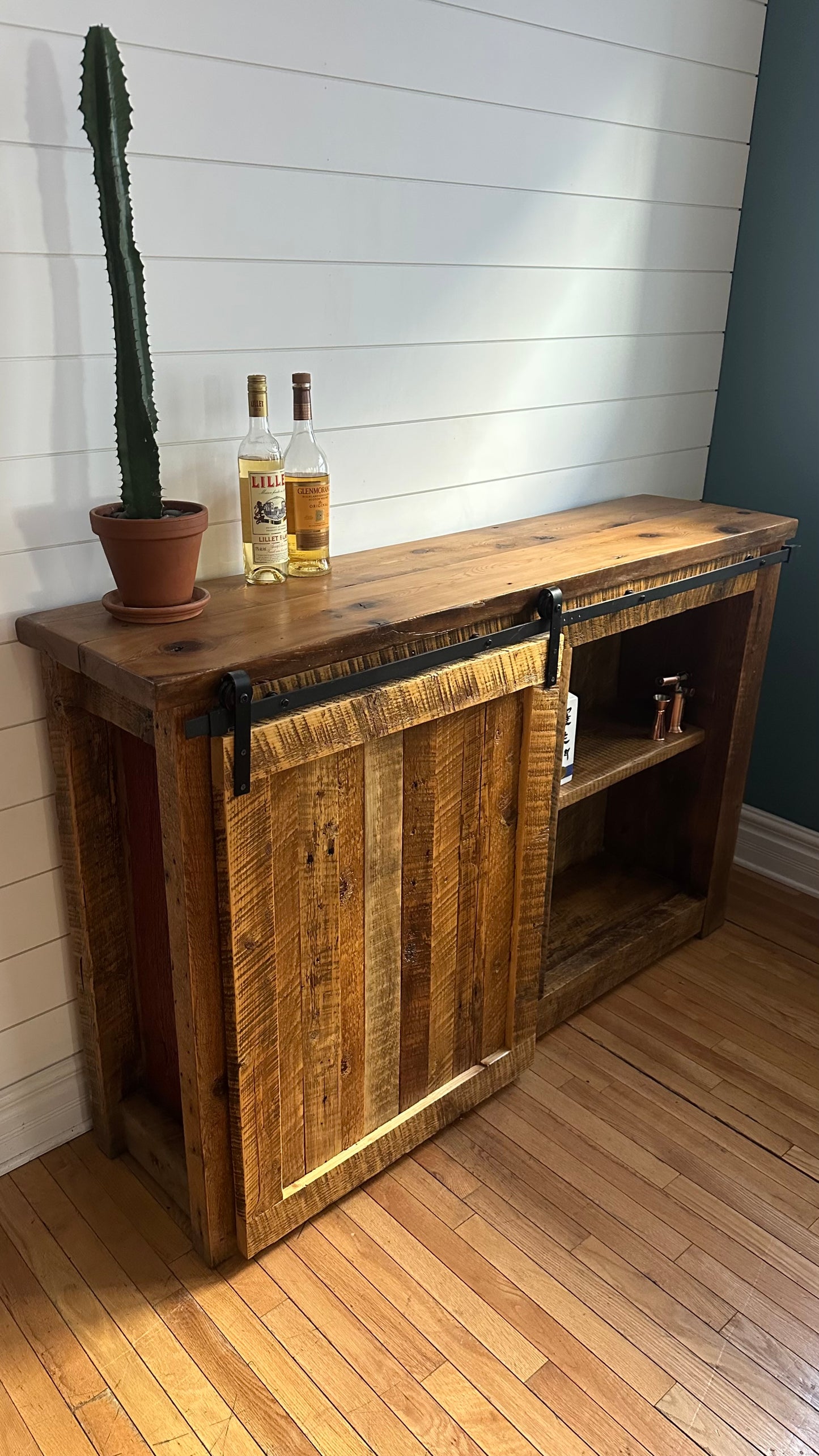 5’ L Rustic Reclaimed Wood Barn Door Cabinet