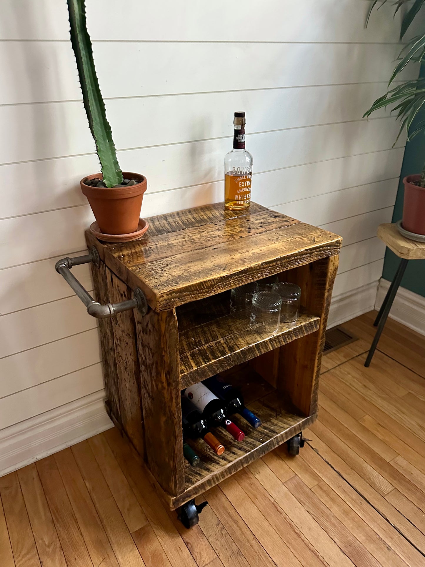 Rustic Reclaimed Wood Rolling Bar / Kitchen Cart