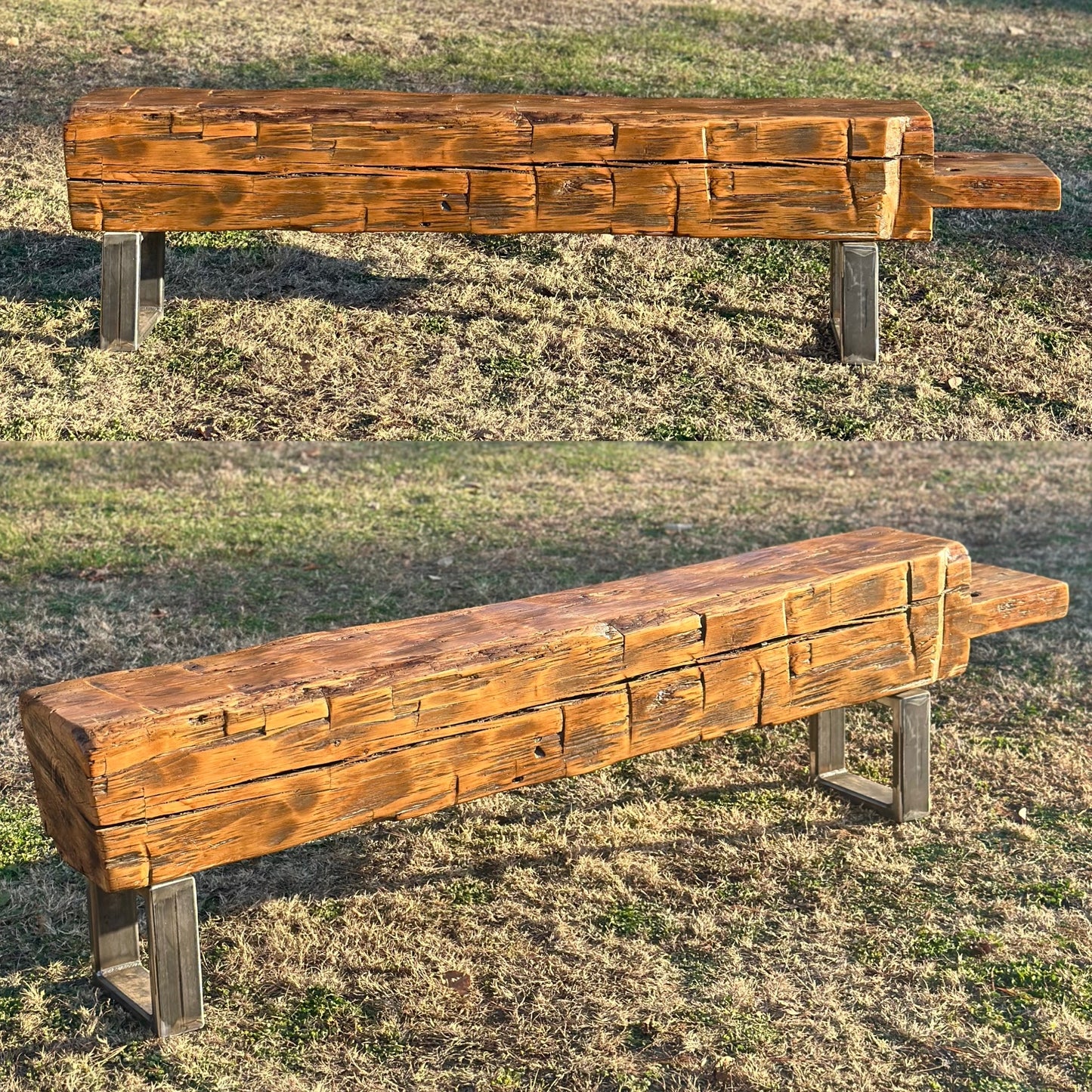 7’ L Rustic Reclaimed Hand Hewn Beam Bench / Low Console