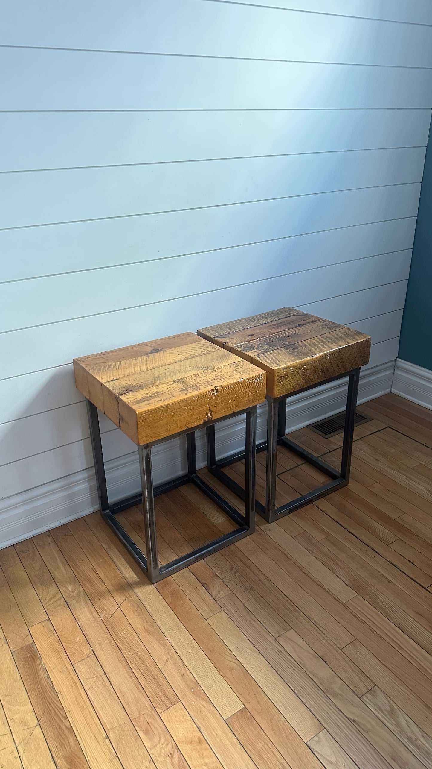 Set of 2 Rustic Reclaimed Barn Wood + Steel Side Tables